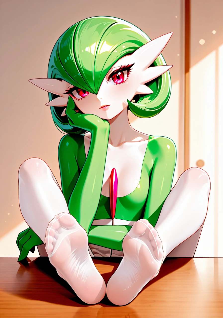 score_9, score_8_up, score_7_up, score_6_up, score_5_up, score_4_up, gardevoir has spread her legs, big ass, ahegao, spread legs, arms up, acostada, piel brillante, gardevoir, medium breasts, shiny skin, wet pussy, wet skin, nude, wet armpits