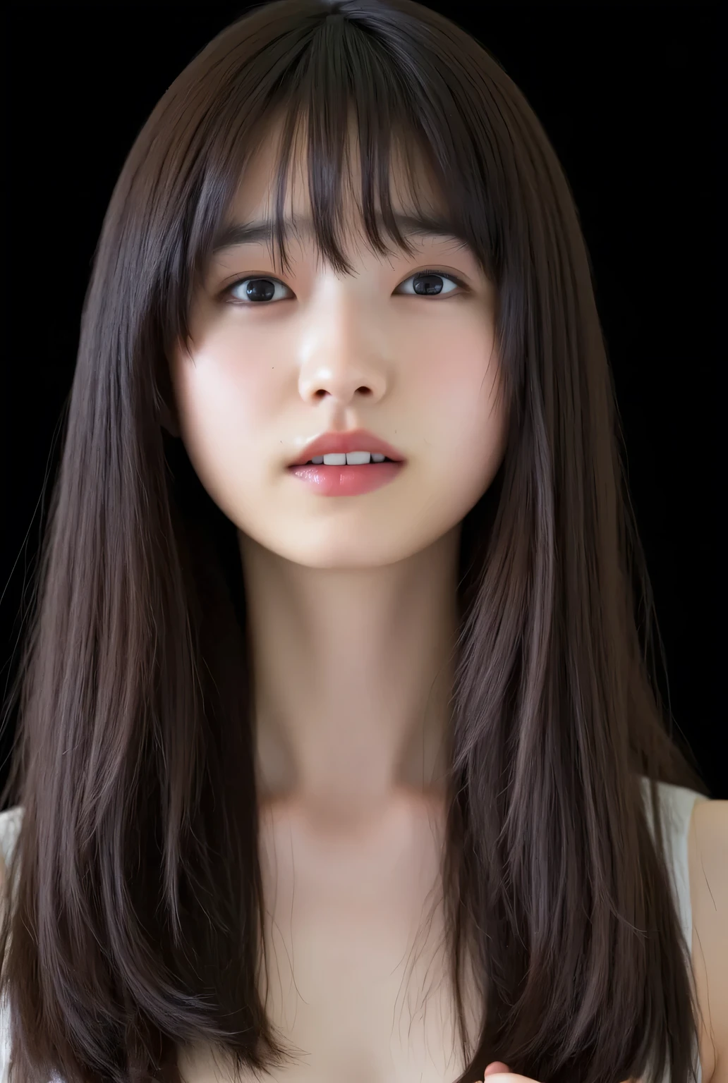 She Wants to Kiss, masterpiece, correct, super detailed, ultra correct, High Quality, Award winning, 最High Quality, 16 kg, perfect anatomy, (Front Map, upper body), ultra high resolution hair, Brown Hair, long hair, detailed face, Realistic Textured Skin, focus on your face, Bright red lips (Kissing Face Waiting :1.3), parted lip holding a black cat in your arms, (topless, ), Black background,