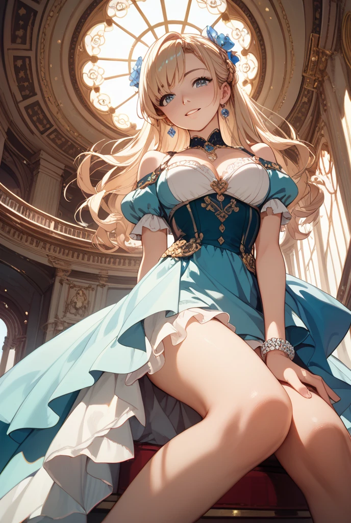 Dark Magician Girl, dark magician girl, Blonde hair, choker necklace, (Green eyes:1.5), Long hair, Break bare shoulders, Blue footwear, Blush, Blush stickers, cleavage, 鎖骨, duel monster, Hat, cropped shoulders, pentacle, Wizard's Hat, (Blue clothes:1.5), BREAK looking at viewer, BREAK outdoors, City, Break (Masterpiece:1.2), Best quality, high resolution, Unity 8k wallpaper, (illustration:0.8), (Beautiful detailed eyes:1.6), Extremely detailed face, Perfect lighting, Extremely detailed CG, (Perfect hands, Perfect anatomy),