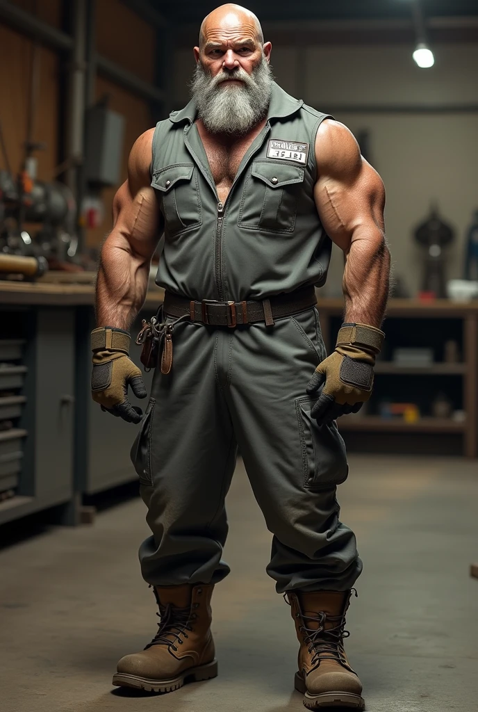  Hyperrealistic image of a bare-chested old blonde WWI German soldier with gray hair wearing a beret on his head. A super heavyweight bodybuilder flexing his muscles. Un culturista obeso de cuerpo completo con un cuerpo muy sudoroso Un anciano extremadamente hombre., muscular and extremely fat over 70 years old weighing over 600 pounds a very hairy muscular man with very big legs, sagging pectorals, large, dark nipples and gynecomastia in a trench wearing military uniform pants and booties 