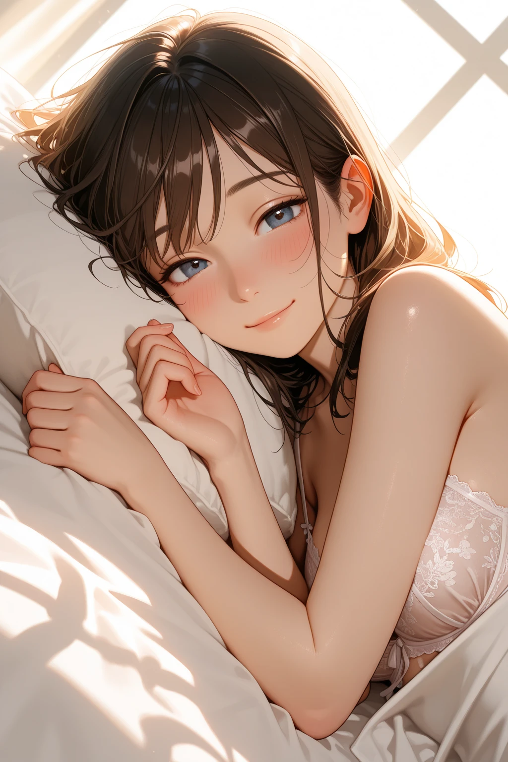 Best Quality,High resolution,8K,finelity detailed background,Masterpiece:1.2),beautiful girl,Shiny brown hair,asymmetrical hair,Brown eyes,Gentle look,A refreshing look,Best quality,Best Quality,Aesthetic and aesthetic:1.2,Best details((Super detailed))(High-definition CG illustrations),Grey underwear (gray,intricate lace),Slender body,morning,sunlight,Bedroom,On the bed,smile,blush,cute,Scrounge,Looking up,Being spoiled,super model,shoot from above