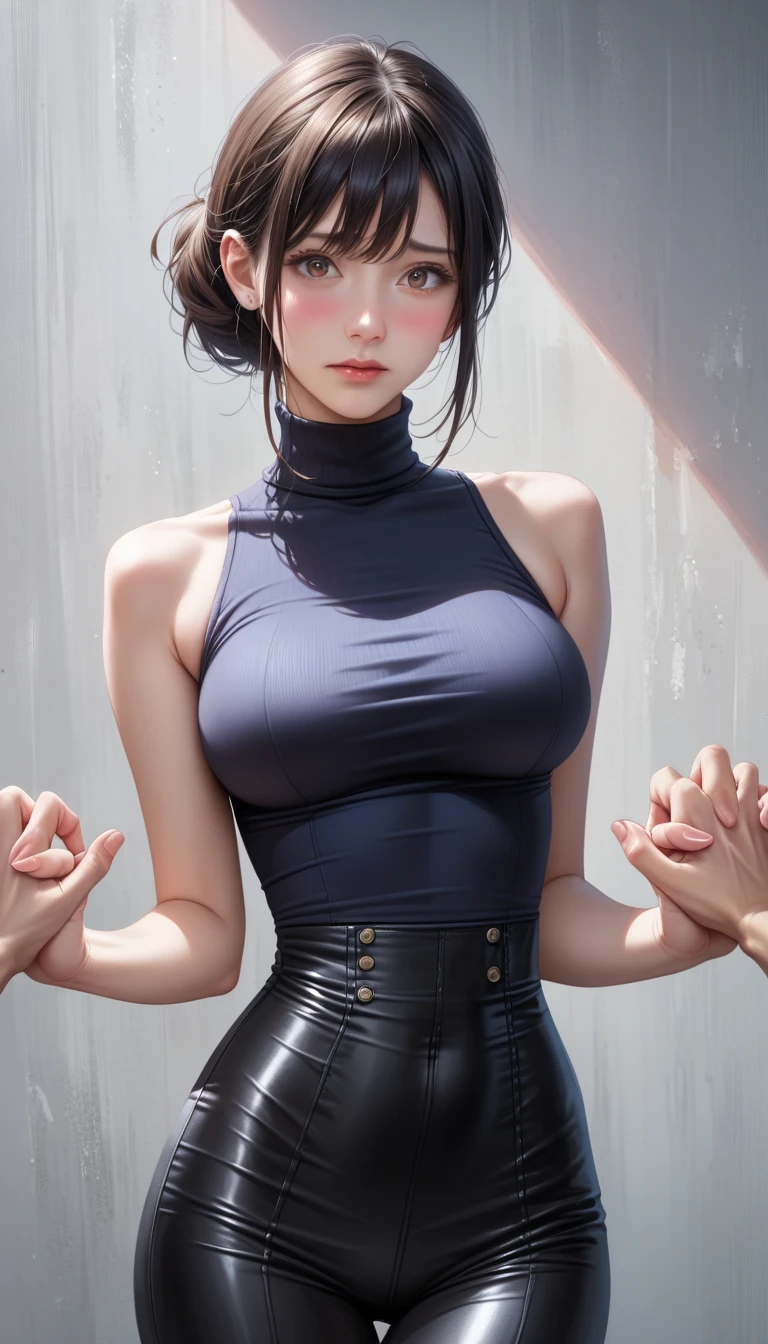 best,1girl ( Hinata Hyuga ) , ( facial details ) , short hair ,details , age 18 femele ,plump body , yellow sweater outfit , teenager'face , cute face , hot tits , anime to be realistic , detailed charakter images , high quality photo , beautiful thin make up very real , perffect character cool style , pretty teenager , HD photo model , simple background , details eyes , masterpiece , ornaments detailed , real life