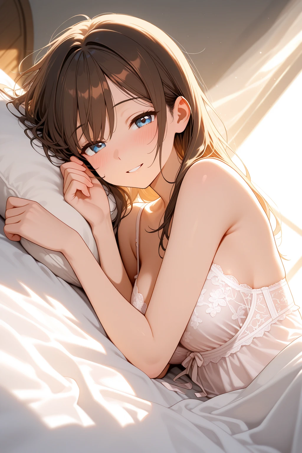 Late night bedroom、Electric light、A beautiful girl with brown hair sleeping on her back in bed、17 years old、from above、Dimly lit room、Amber lighting、smile、Very detailed, 超A high resolution,Camisole dress、(Highest quality illustrations:1.2), (Cute Girl:1.1), (1 Girl, solo:1.5), (1 Girl、16 years old、Childlike、One Pose、cute、A neat image、((1 Girl、solo)), (Highest quality illustrations:1.2), (Cute Girl:1.1), (Small breasts、Super detailedな目:1.2)、Brown hair、Short Hair、Wavy Hair、Curly Hair、Low twin tails、BREAK is(highest quality、Super detailed、Very detailedで美しい、Ultra-high resolution、Detailed Arm:1.2)