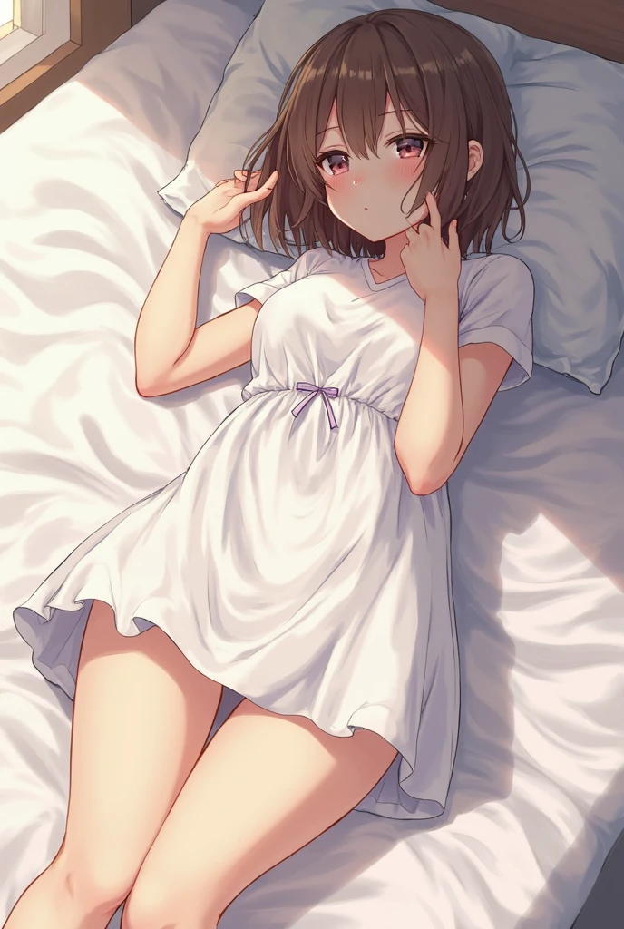  anime girl, Whole body, Very detailed face, barefoot, many details on the feet, very detailed eyes, has short brown hair, She is surprised, She is completely naked, covering her torso with a sheet, She is lying with her legs open