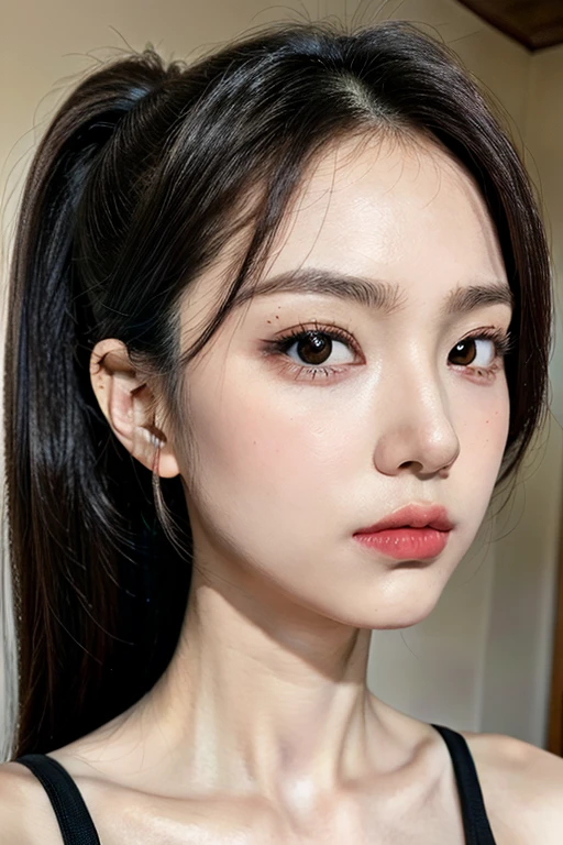 masterpiece, Highest quality, alone, One girl, Glowing Skin, Hoop Earrings, glamorous, Whimsical details, Slicked back hair, Fascinating, Shallow depth of field, Contrasting, Professional models, Facing forward, Portraiture 、((Completely naked))、(((nsfw)))