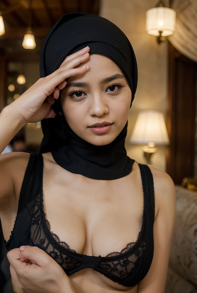 (Happy smile), (((HIJAB MALAY GIRL))), masutepiece, High quality, UHD 32K, Realistic face, Realistic skin feeling , A Japanese Lady, 8 years old, , Very cute and baby-like face, (((FLAT CHEST))), (MATRIX WORLD), ((look In front at the camera and SADNESS)), ((())), (((CUTE GIRL))), ((GOLD LIPS)), ((Floral Pattern)) little wearing strapless bra, strapless colorful bra