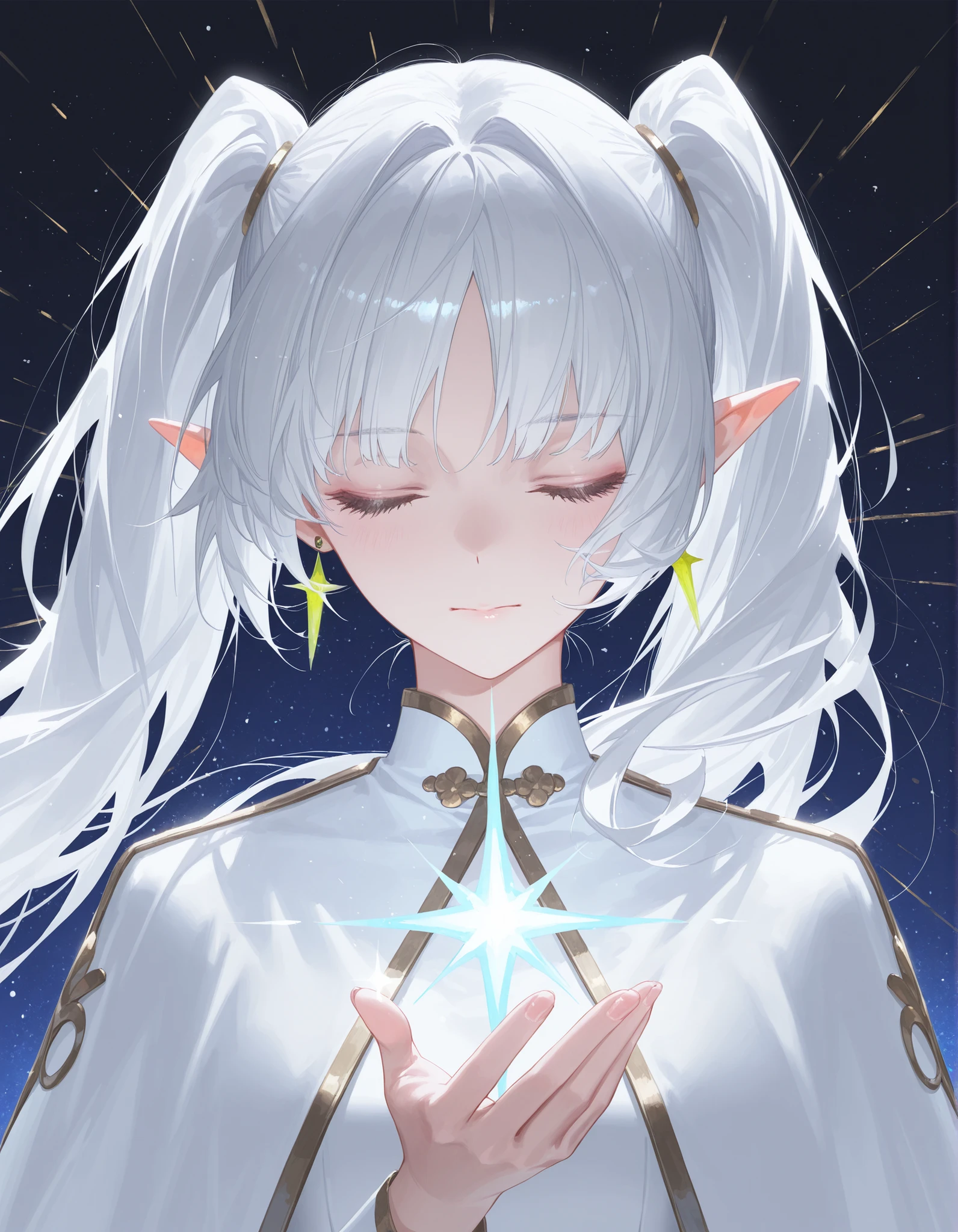 (Artist:human_mame:0.7),(Artist: Reoen :0.85),(nauseous:0.3),(wanke:0.4),( Modare :0.6),(WLOP:0.6),(King_(sanbonzakura):0.4),
1girl, pointy ears, Freeze, Elf, Alone, twintails, jewelry, closed eyes, earrings, SPARKLE, Capelet, white Capelet, long hair, white hair, closed mouth, parted bangs, upper body, facing viewer
,,,masterpiece, best quality, newest, masterpiece, best quality, very aesthetic, highres, highres, absurdres