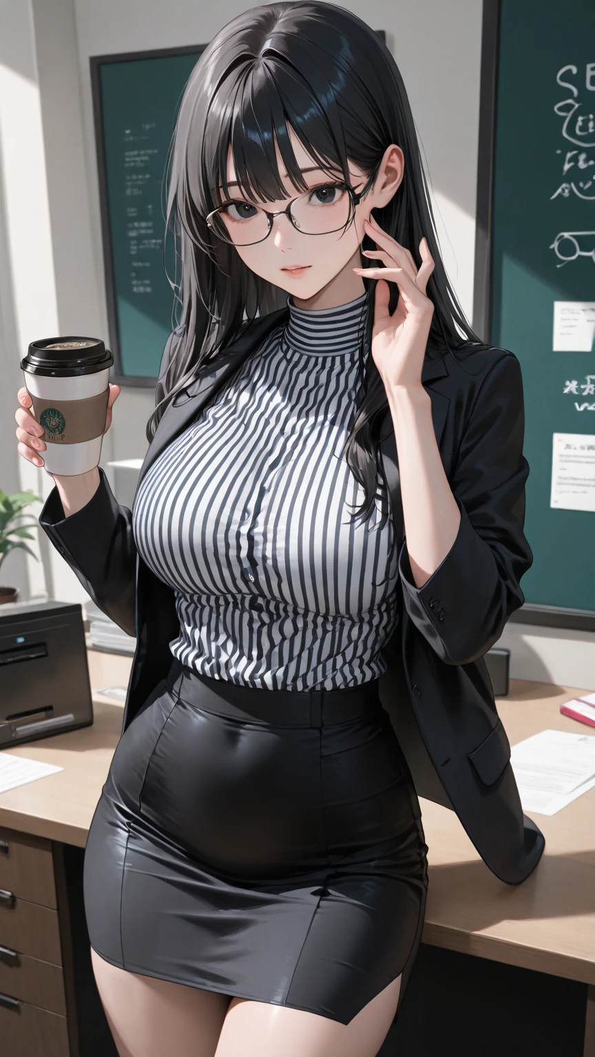 Green Eyes、((Highest quality, 8K, masterpiece :1.3)), whole body, Sharp focus :1.2, Beautiful woman with perfect figure :1.4, Slim Abs :1.2, ((Dark brown hair, Big Breasts :1.2)), Body Dress :1.1, (Night city view, Modern balcony :1.1), Highly detailed face and skin texture, Fine grain, double eyelid,, OL Uniform, office Wear, White T-shirt, Exposed cleavage, Indoor scene, office、whole body