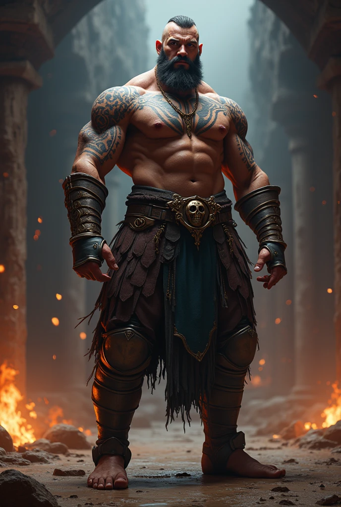 A warrior that is a mixture of marvel Thor, ares, god of war Zeus and Hercules, bare chest, buff, ripped, abs, armor, black short hair, beard, blue eyes, tattoos