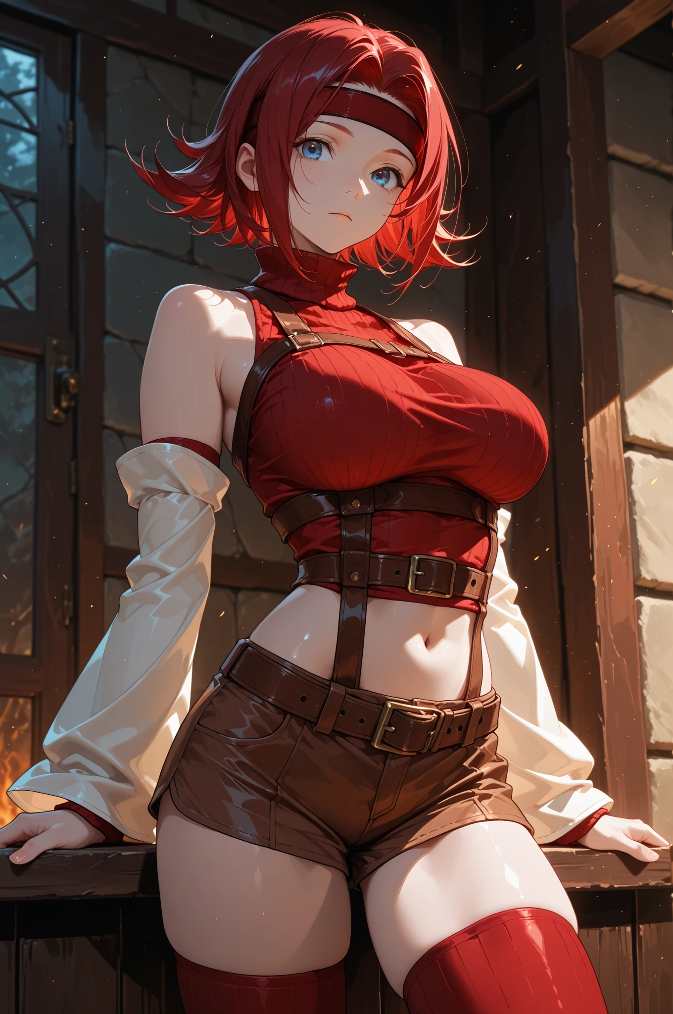 ((Best quality)), ((masterpiece)), (detailed), 1 character, short orange hair, sexy pose, detailed yellow eyes, female half-elf half-goblin, attractive androgynous humanoid, Character close up, attractive goblin facial features, (full view, ideal proportional body with large breasts and voluminous large hips), in a corset and shorts, (orange, short hair)