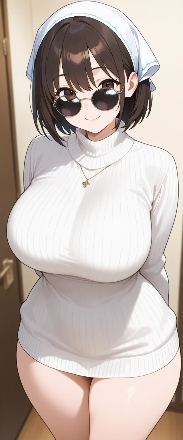 1 hot girl, dark hair, dark grey eyes, grin, gorgeous, kirigaya suguha, short hair, hairclip, sweater dress, sleeveless, bare legs, huge breasts