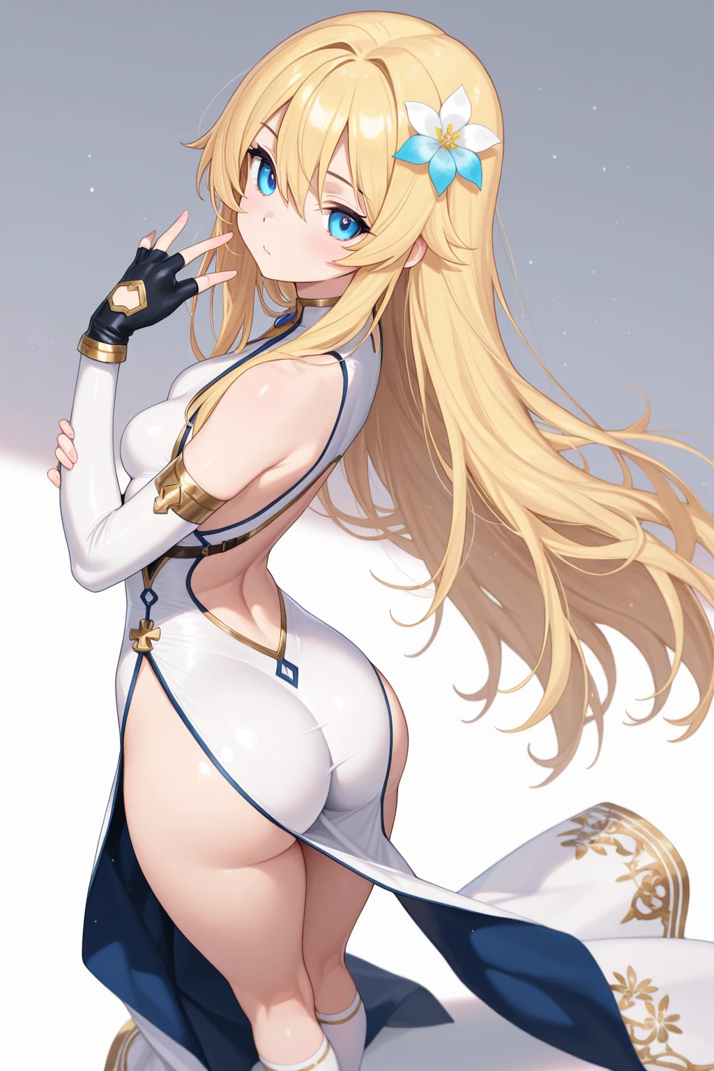 Highest quality, masterpiece, High resolution, detailed, Digital Art, Minerva VG, blue eyes, Blonde, Non-traditional Shrine Maiden, owl, nsfw, blush, perfect female body, from behind, bare buttocks, barelegs, barearms,  bathing in a lake, wide lake, (completely nude), sky,