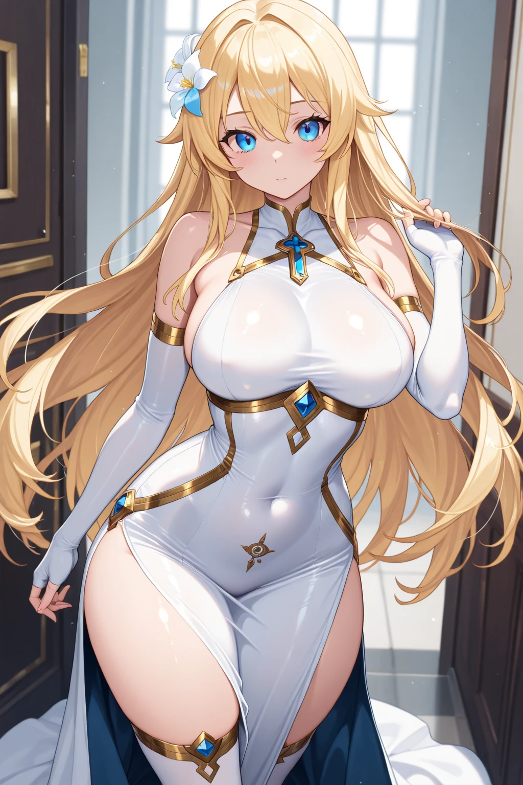 8k, masterpiece, very realistic, Full body Sexy pregnant bunny woman, bunny ears, very slim waist, very tall, form fitting white bodysuit, brown hair, dynamic pose, pregnant, cleavage, curved back