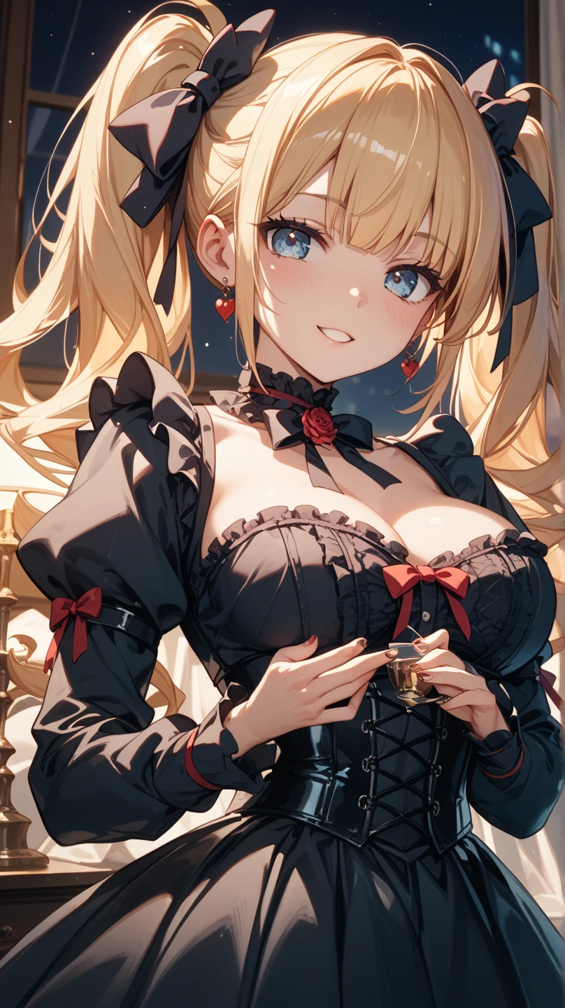 Himiko toga,\(my hero academia\),my hero academia,perfect picture,perfect eyes dehimiko toga\(my hero academia\),(Full Body Picture),my hero academia,perfect picture,perfect eyes,Short blonde hair with two messy buns in her hair and yellow eyes with cat pupils,(Standing with Straight Standing Looking at the Fourth Wall),(wearing),+,(a sensual Christmas dress for a voluptuous anime waifu. Get inspired by Santa Claus's outfit in the reference image. Style the dress as a short, form-fitting red velvet number with a Santa Claus dress design—think fluffy white trim, cute Santa hats, and jingle bells. The dress should have a low neckline to reveal the waifu's ample cleavage. Maybe add some ruffle or gathered details to accentuate your curves. Give the waifu big dreamy eyes, full lips and a playful pout as she relaxes seductively on a large, luxurious bed. Style your dark hair into loose, romantic curls. Dim, warm lighting with touches of gold and red should bathe the scene. Focus attention on the waifu's most attractive features with strategic highlights and shadows. Capture the dress in a tantalizing peek-a-boo pose, hinting at what might lie beneath. Maybe arrange the dress so it falls off one shoulder or slides off one hip. Incorporate some festive holly or mistletoe elements into the design to match the Christmas theme. Overall, aim for an intimate, sensual, and inviting atmosphere that makes the viewer feel like they're getting a naughty gift.)