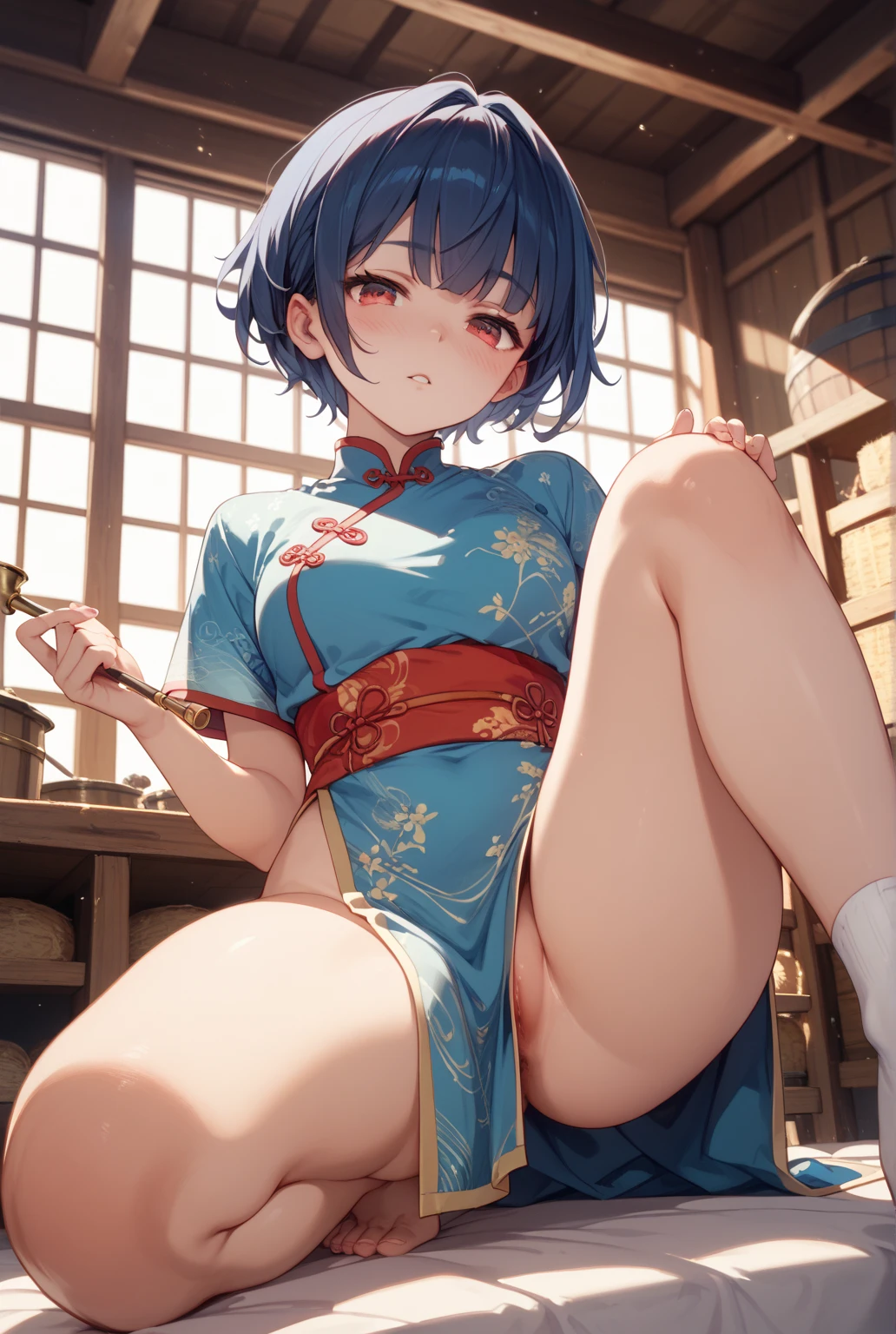 ((masterpiece, best quality)), high resolution,ultra detailed,8k,16k,detailed background, perfect lighting,detailed beautiful eyes,beautiful pussy,1girl,solo,clitoris,vagina,embarrassed,blush,look at viewer,steam,sweat,in heat,aroused,(close up pussy,from front:1.2),bottomless,lying,on back,naughty smile,spread legs lift,butt up,open mouth,pussy juice,(show off pussy,bottomless,skirt lift:1.2),light blue hair,ponytail,hairclip,green eye,kawaii,over size head,teenage,medium breast,old japanese house,night sky