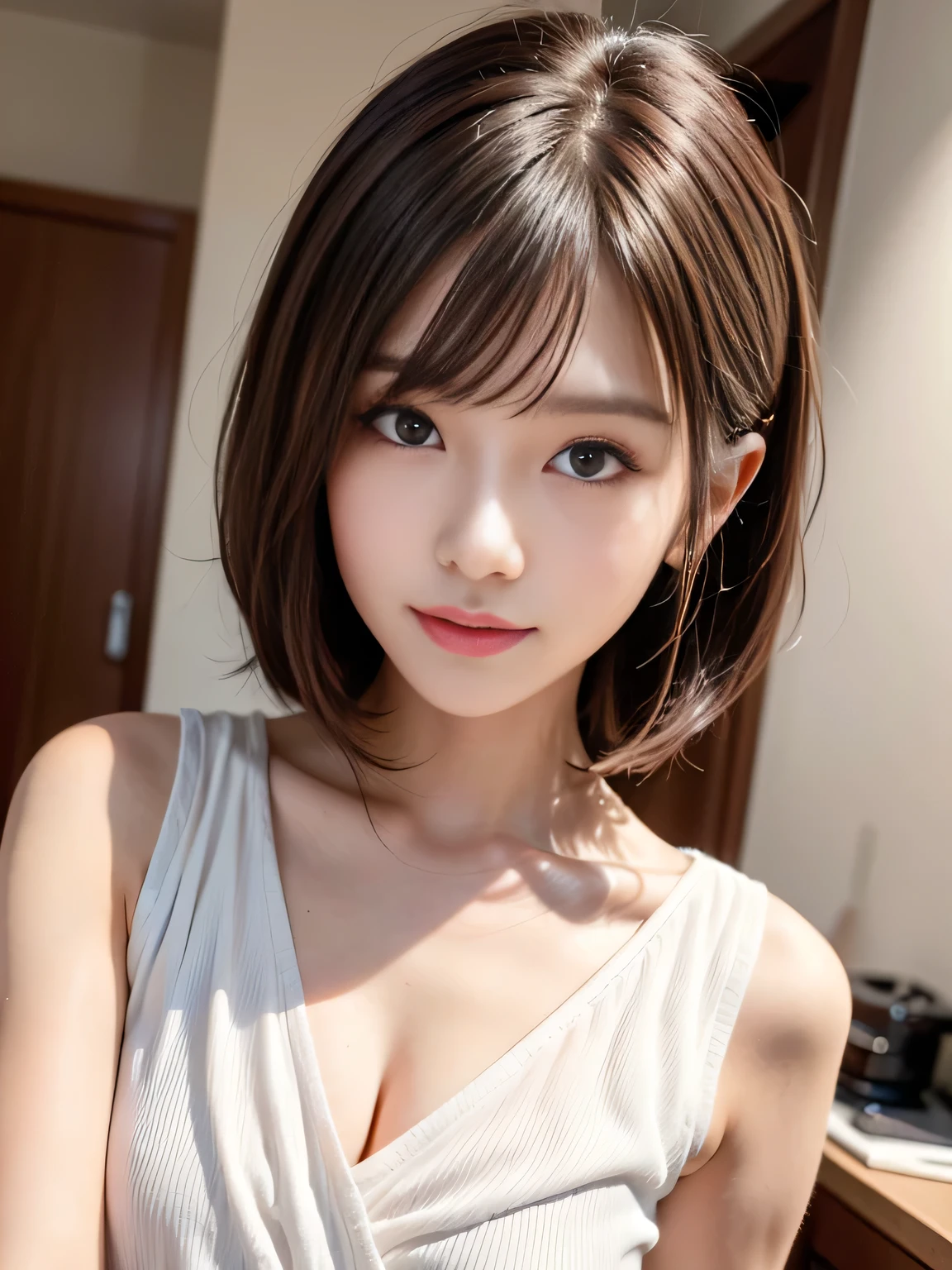 masutepiece, Best Quality, Illustration, Ultra-detailed, finely detail, hight resolution, 8K Wallpaper, Perfect dynamic composition, Beautiful detailed eyes,Off-the-shoulder clothing,,Medium Hair, C Cup Breast Natural Color Lip, Bold sexy poses,Smile,Harajuku、20 years girl、Cute、Sexy shot looking at camera,on the bed、Chain Choker