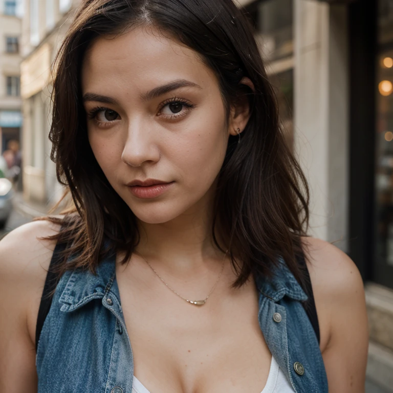 25 ans, brune, yeux marrons, delicate, professional light, flash lit, sexy, cheveux de longueur moyenne, grains de beauté, sourire romantique, Seductive look, pose coquine, bonne couverture, éclairée par les flashs des photographes, skin details, pores de la peau, visage fin, cheveux long, yeux marrons, HD, 8K, masterpiece, sourire romantique, sexy, street wear, grunge, ripped jeans, bandana, chemise autour de la taille, dans une rue de Tokyo, Shibuya