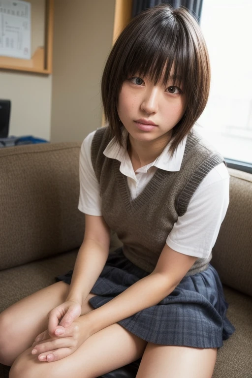 (((8K、High resolution、Highest quality、High resolution)))alone、Natural body shape、White skin、Natural Makeup、Black Hair、Semi-long hair、、((High School Uniform)) 、((Beige cardigan、White collared short sleeve blouse))、((Red Plaid Pleated Skirt))、(red school ribbon)、、(Big Breasts)、((Wearing a uniform))、(((((Looking into the camera)))))、(((Head to shin portrait)))、(((Exposing thighs)))、On the sofa、Sit with your legs apart、((Focus on the crotch))、White socks
