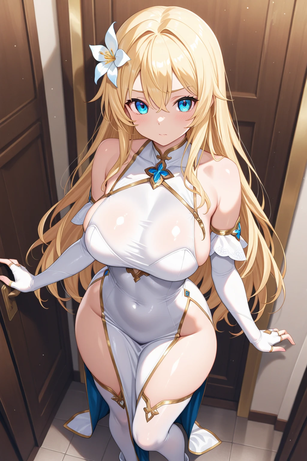 Rabbit Arturia's hairstyle、costume rabbit artoria、1 girl、Pectoral muscle、solo、blonde hair、green eyes、フランスのBraid、long hair、big cleavage、ponytail、side lock、bangs、belly button、look up at viewer、bare shoulders、Braid、hair between eyes、bunny pose、tiara、Ahegao、Blush huge saggy breasts:1.8、huge bbw sexy:1.9、Huge Sexy、Sexy Beautiful Legs:2.0、Prohibited to wear、not wearing anything、white sheer tights、Leg hug、Hugging legs、Leg hug、スクワットとLeg hug、SEX pose、Lie、Hugging legsLie、you look so sexy