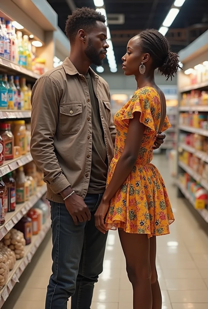 " American  actress  Kristen Scott gracefully adorned in a stunning transparent Indian saree without bra showing  naked breast, accompanied by a dashing African-American man . In super market. Both are posing in camera. Camera focused on them. Full body visible in photo