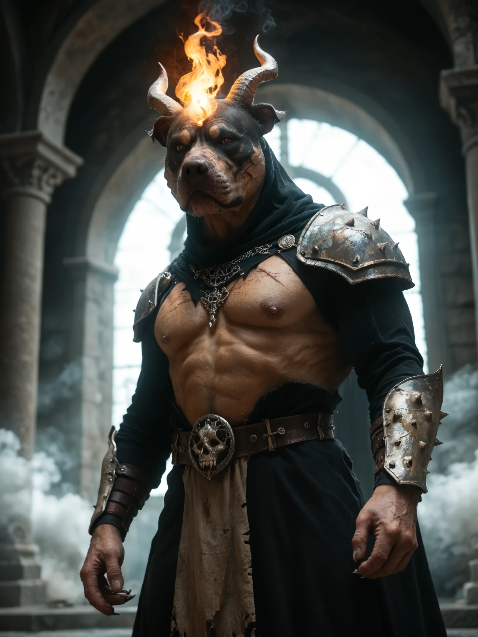(anthro) ((pitbull)) wearing scarred and scorched armor holding flaming magic sword high above his head ready to strike a giant demonic monster. Set against a dark temple filled with ethereal tendrils of smoke. A dark altar made of bones fills the background. monsterlora, wide angle shot