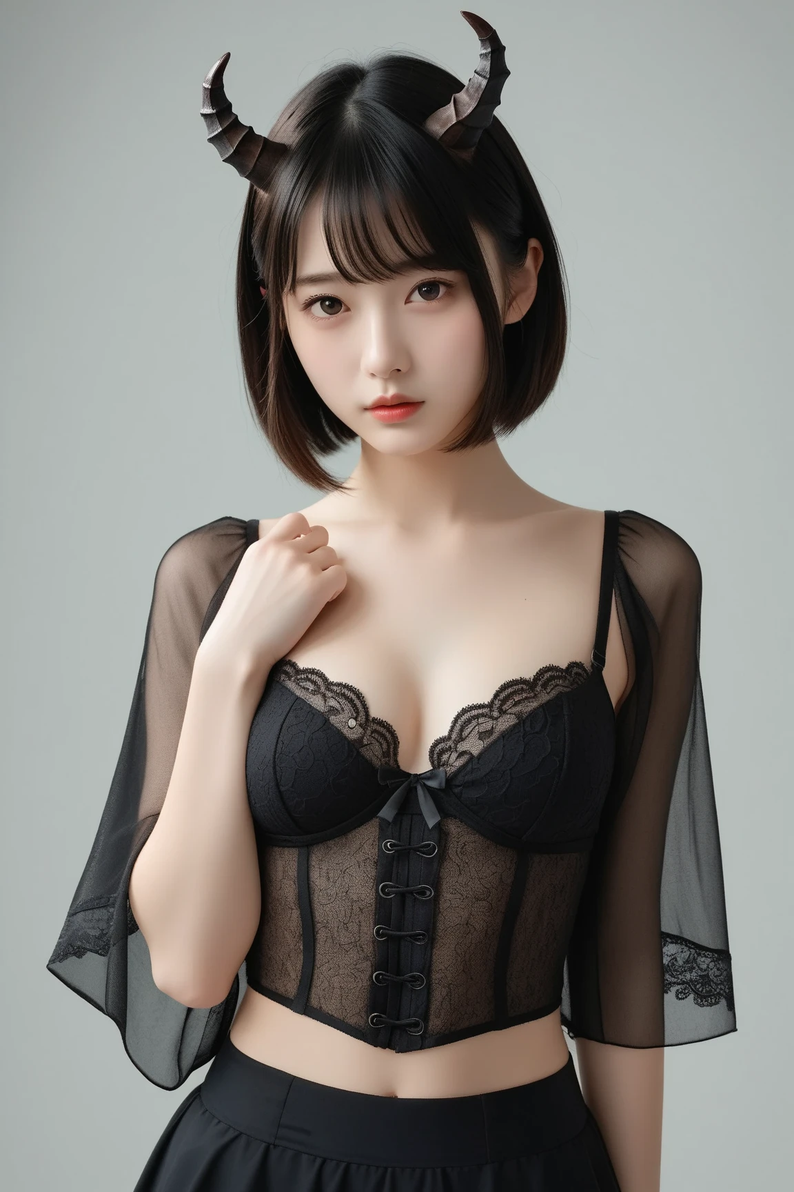 (Highest quality, Very detailed, masterpiece:1.2), 1 female, Very thin body, length, Thin legs, ((Black wavy short hair)), ((Thick and fluffy bangs)), Very detailedな顔,A faint smile, small, Thin Nose, small thin mouth, Extremely sharply focused eyes, Japanese, Beautiful Face, Realistic eyes, Beautiful and beautiful eyes, Realistic Skin, Beautiful Skin, charm, (Lively Faces), Beautiful Hairstyles,((Victorian style black and pink 総レース lingerie)),((Pulling on panties)), Gothic design, Chains are important, Creepy and unique hairstyles, High resolution, Vibrant color palette, Mysterious and mysterious room, Amazing place, Tim Burton'Characteristic dark shadows and strange details, background, hip, from behind, (Booty pose)