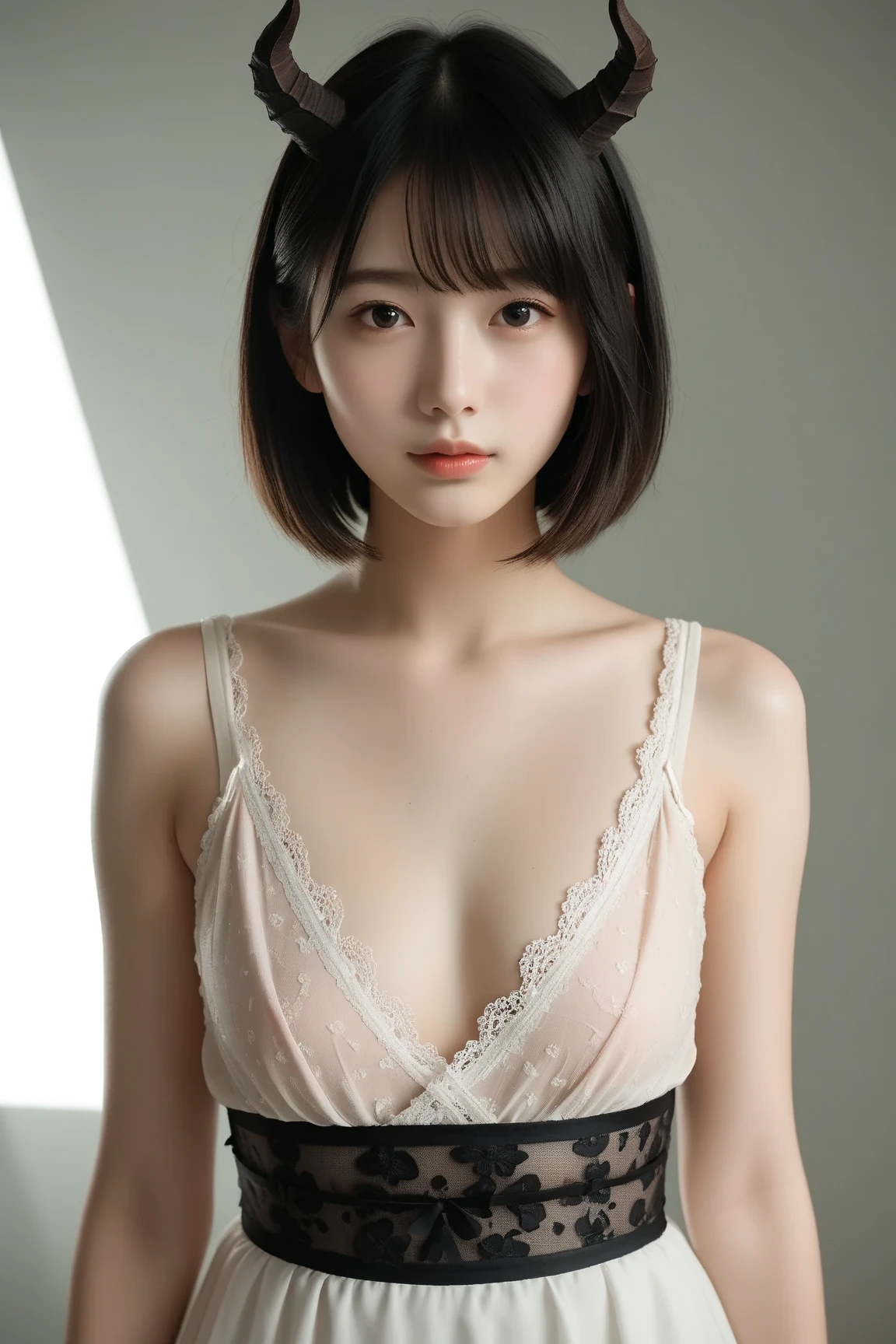 8k, Ultra-high resolution, Highest quality, masterpiece, 三分割法によるphotograph,Surreal, photograph, 1 Girl, (16 years old:1.3), pretty girl, Cute Face, Beautiful eyes in every detail, 細かくdetailedに,masterpiece,One Girl:1.2,Japanese female announcer,upper body,Serious expression,Black short hair,Bob with bangs,White lace lingerie, See through, Look forward, Standing posture, Opposition, Dynamic Lighting,Hotel room、 Sharp contours, Light from above, Low contrast, (Side view),Perfect and beautiful face ,完璧でCute Face, Skin with attention to detail, Perfect limbs、Narrow waist,Looking at the audience,(((Ideal body type))),A cup small breasts :2,Portraiture:2,Perfect Anatomy,鮮明なdetailed,detailed,Surreal,Light and shadow,stage lights