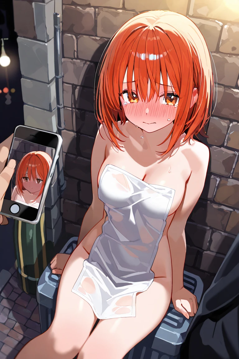 One Naked Girl、Japanese Style School、At the garbage station、Hands tied behind back、Wide-open legs、With legs apart、Knees up、Crouching、tits、Nipples、Pussy、Dark pink hair、Expressionless and dead-eyed、Looking down、blue eyes、looking at the camera、Bob Hair