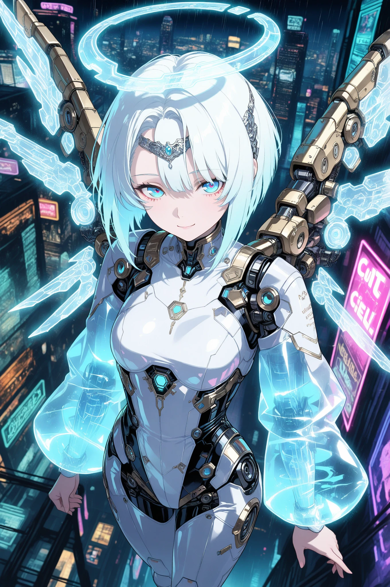 Android Girl,white hair,short and messy hair, purple neon eyes, Holding a chain whip,chains on the hands,chains action, chains around her arm, very cute, skirt, white blouse, cyberpunk theme