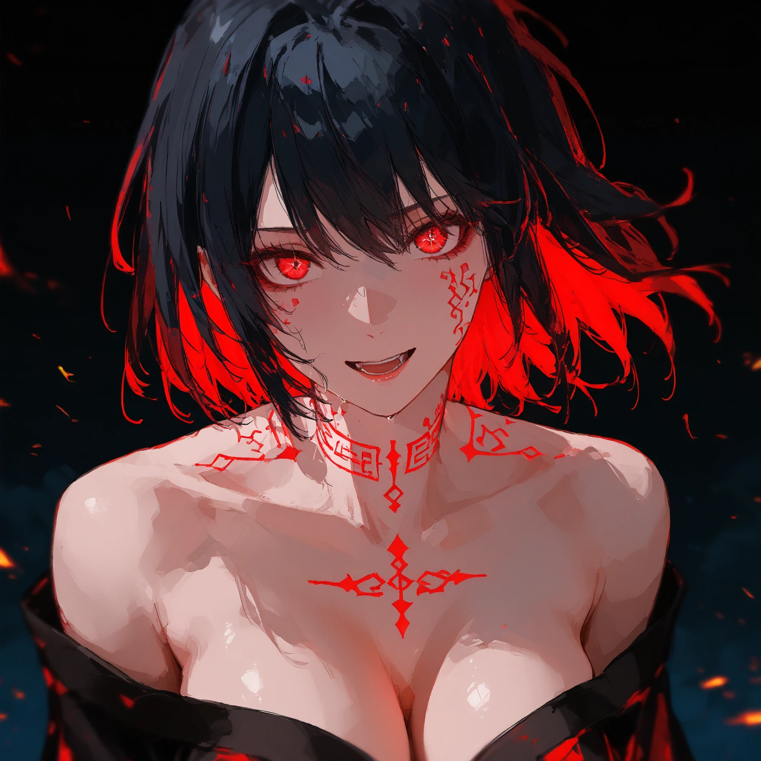 4K, ultra-detailed, muscular girl, insane, yandere, black tattoos, blood, crazed look, dark skin