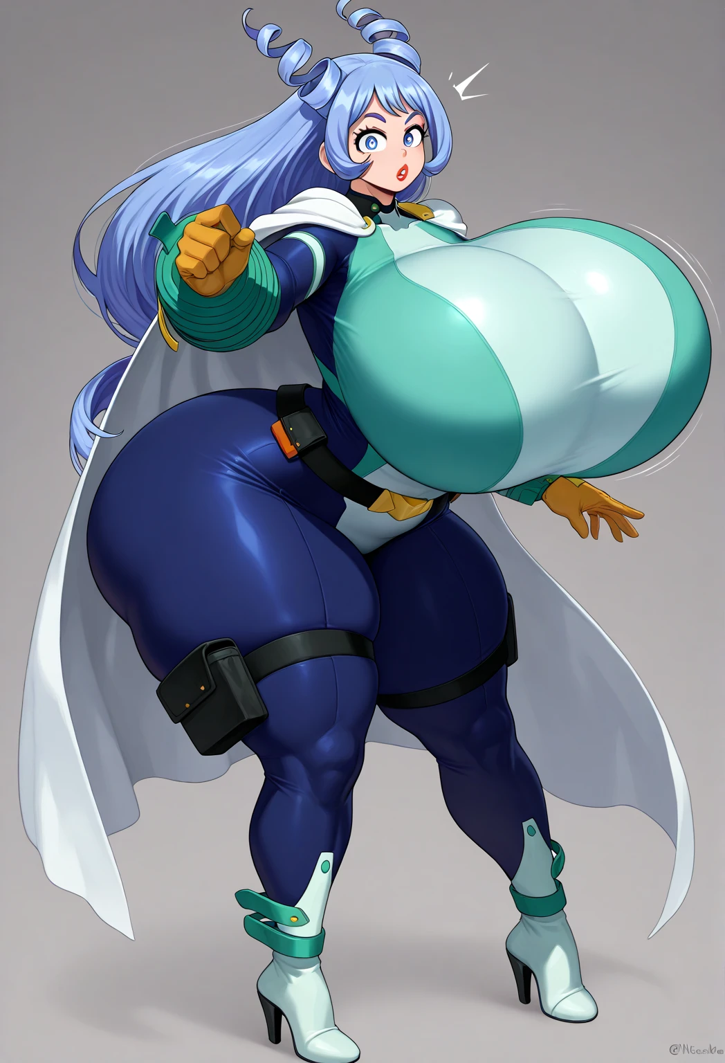 High resolution , High quality, High aesthetic , Masterpeice)) ,a man holding up armored Arm, phantasy star online, star ocean, space armor, ,shiny armor, ((wearing White shining armor)) , ((navy blue robes with white accent, shigenori soejima illustration, ((black hair, Medium length, parted bang with Teal streaks!!)), Olive Skin , cyan eyes, (( one Armored Arm with a Space Pattern inside it )),(( fat)), ((Round Hyper belly)),((thick Thighs, Large Hips , Fat Butt, )) ,fat face, ((Visas Starfrost)), expression(Serious, confused, Grabbing belly