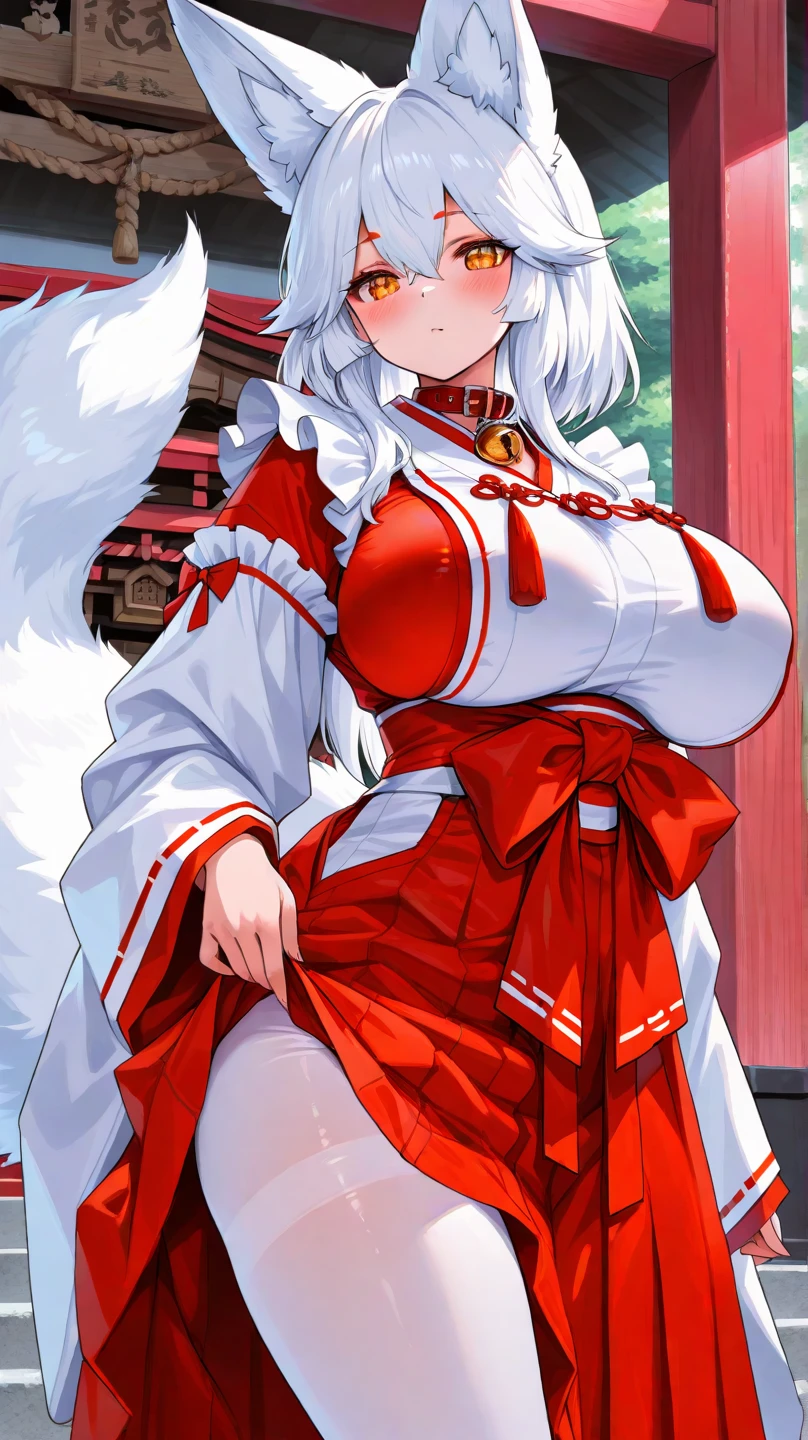 (extremely detailed CG, best quality:1.1), 1girl, perfect face, bright pupils, (finely detailed beautiful eyes:1.1), shiny skin, lustrous skin, wide hips, narrow waist, long hair, fox ears, animal ear fluff, fox girl, yellow eyes, fox tail, japanese clothes,  white kimono, fur-trimmed kimono, rope, cleavage, wide sleeves, off shoulder, barefoot, detached collar, talisman,cowboy shot,  simple background, black background,  large breasts,evil grin, 