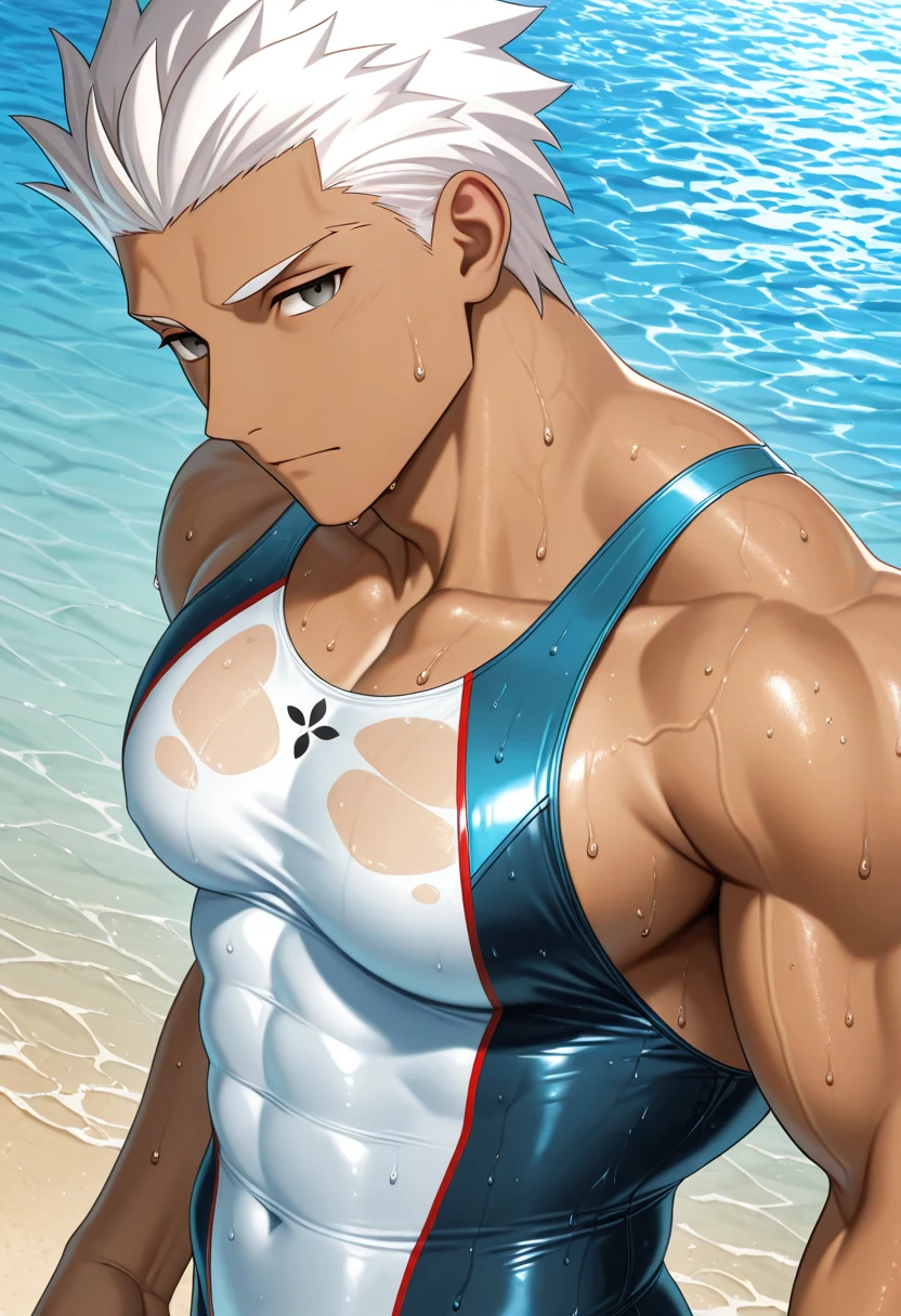 Anime characters in white wetsuits surfing in the ocean with surfboard, male focus, crotch bulge, crotch bulge, surfboard, waves, splash, briefs