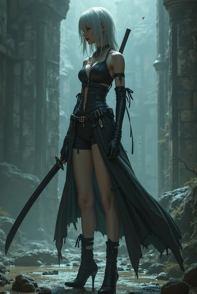Masterpiece, RAW photo, Realistic, photorealistic, Full length portrait, Dramatic shadows, (((Best Quality))), highly detailed, cute sexy 19 years old Tifa Lockhart, detailed perfect eyes, luminism, 8k resolution, futuristic background with clock face, short sidecut hair, intricately detailed, cinematic lighting, backlighting, Centered cover photo, awesome full color, dark atmosphere, short futuristic cutting black tape dress, windy weather