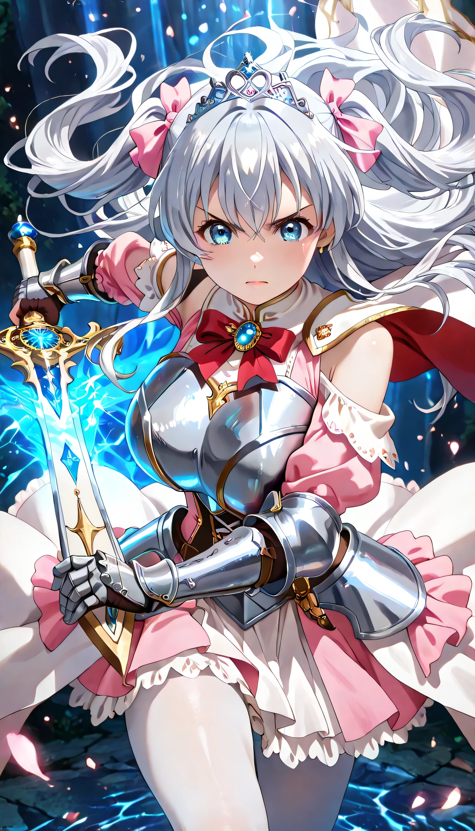 ((ultra-detailed)), (highly detailed CG illustration), (best quality:1.2), ultra-highly detailed, colorful composition, artistic photoshoot, solo focus, upper body:1.3, moe anime character, age girl, round face, rounded chin, celia-default, celia claire, short stature, blue eyes:1.3, sagging eyes:1.3, silver hair:1.3, long hair, two side up, hair ribbon with black, ample breasts, fantasy motif princess knight costume with sword weapon, matching design of pearl white metal plate armor and pastel pink dress, (white metal plate armor covers entire body:1.2), princess tiara decorated with beautiful jewels, wear elegant and beautifully decorated pearl white metal plate armor over a elegant pastel pink princess dress, white metal armor texture with an elegant luster, elaborate gold decorations, elizabeth color with jewelry brooch, (serious:1.4), (holding fantasy motif magical sword combat stance:1.4), (in a battle posture:1.3), bare shoulder, cold shoulder, bare thighs, (matching design white metal gauntlet with gold decoration, armed covers from elbow to wrist:1.2), corset shaped waist parts, lace-up, ribbon decoration, white pantyhose, pastel pink lace flared skirt, layered skirt-hem:1.2, white tulle lace on skirt, wide A-line, mini skirt, long cape made of organza material with a beautiful gradation of white and pink, glowing aura:1.3, (dynamic pose:1.4), fighting in fantasy, expecting, pink cheek, pink gloss slip, portrait, depth of field, lighting, sidelighting, shine, lighting, caustics, ray tracing, lustrous skin, highly detailed face, highly detailed eyes, perfect nose, perfect anatomy, beautiful hair, beautiful small face, beautiful detailed eyes, beautiful clavicle, beautiful body, beautiful huge breasts, leavage, breasts squeezed together, beautiful thin thighs, beautiful legs, beautiful fingers, lovely, (very detailed background:1.0), (highly detailed background:1.0), intricate details, chromatic aberration