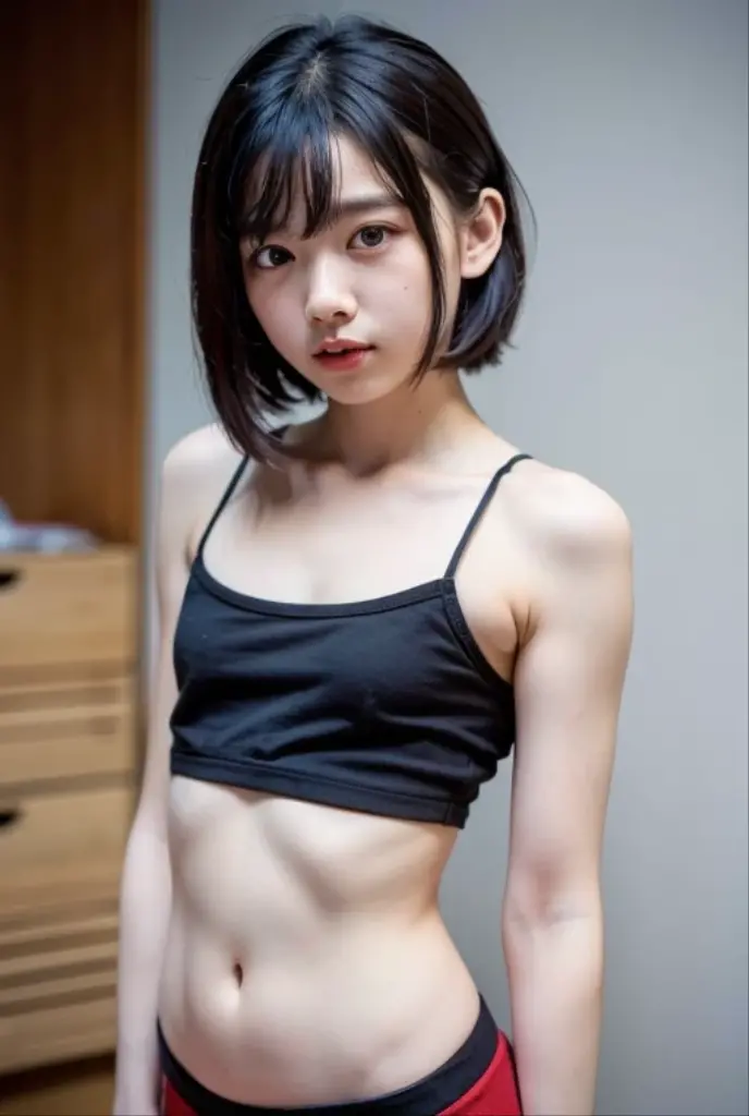 Tiny、cute、Childish、black eye、Black Hair、Pixie Cut、5Head to Body、Narrow shoulders、Thin legs、body(slim)、Finely shaped eyes、Clear skin、