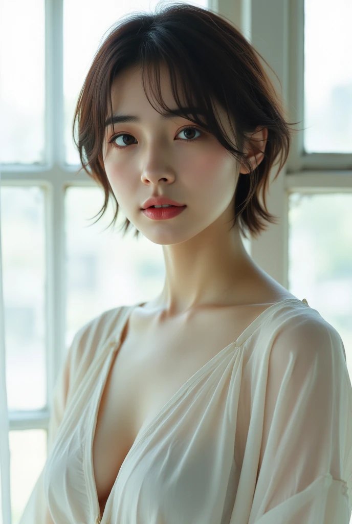 cute japanese 21 years old、Bedroom、blue pajamas、attention to detail、double eyelid、beautiful thin nose、sharp focus:1.2、Beautiful woman:1.4、(light brown hair、short hair、) 、pure white skin、highest quality、masterpiece、超High resolution、(Photoreal:1.4)、High resolution, professional lighting、nice smile、show your whole body、warm pajamas、A glimpse of the chest、