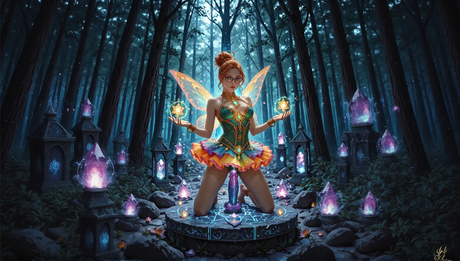 (cute tiny naked fairy girl)++, one_girl, solo female, (beautiful face:1.3), warm soft color grading, thicc thighs, kneeling, legs open, legs_spread, (very large breasts)+, Ana de Armas, Scarlett Johansson, large curly blonde hair, soft warm skin, casting magic with a wand, floating magical book, a witch mixing potions colorful magical potions, cozy whimsical study, school for magic, 4k resolution, hyper-realistic, ultra-detailed, cozy magical ambiance, colorful glowing liquid vials, detailed acrylic, lots of magical books stacked up, intricate complexity, photorealistic, cinematic lighting, (detailed skin, skin texture), (intricately detailed, fine details, hyperdetailed), (bloom:0.4), raytracing, subsurface scattering, volumetric dust, Key light, backlight, mechanical lighting, photography 400 ISO, film grain, 30mm lens RAW aperture f1.8, highly detailed