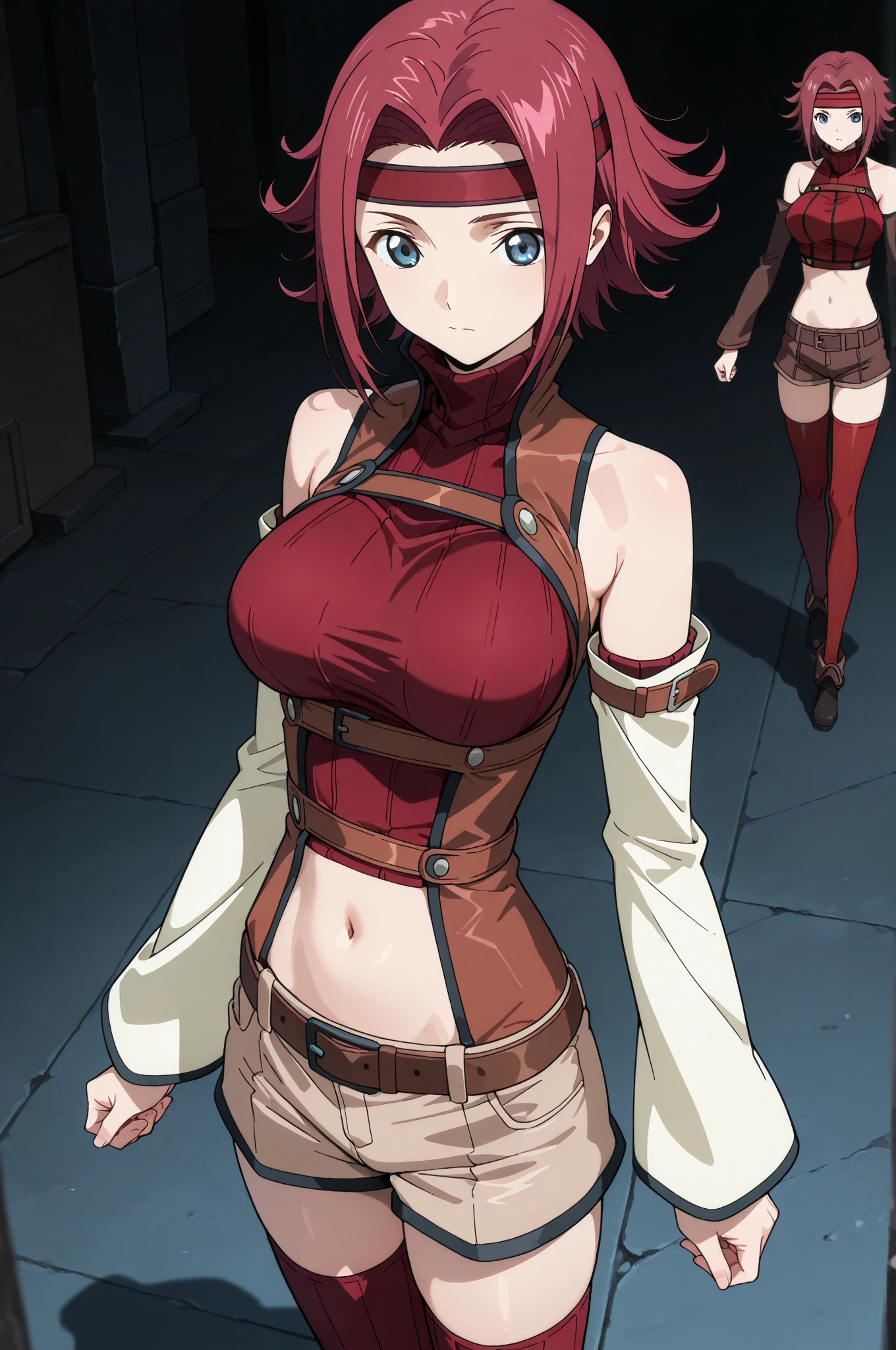 1girl, [vesta_harem], BREAK (dual_wielding:1.2) AND (huge_sword:1.2) AND holding_sword, [red eyes], [red_hair : red hair : 38], [[[large breasts]] : BREAK (large breasts) : 38], (white_dress), sleeveless, cleavage, navel, [[[short_dress]]], side_slit, red_trim, red_pants, oversized_belt, armband, [[vesta_harem AND spiked_arm]], masterpiece, highres, (dungeon:1.6), (hallway:1.4), stone, [[candle]], shikidouji, dark, cold, (night:1.6), candlelight