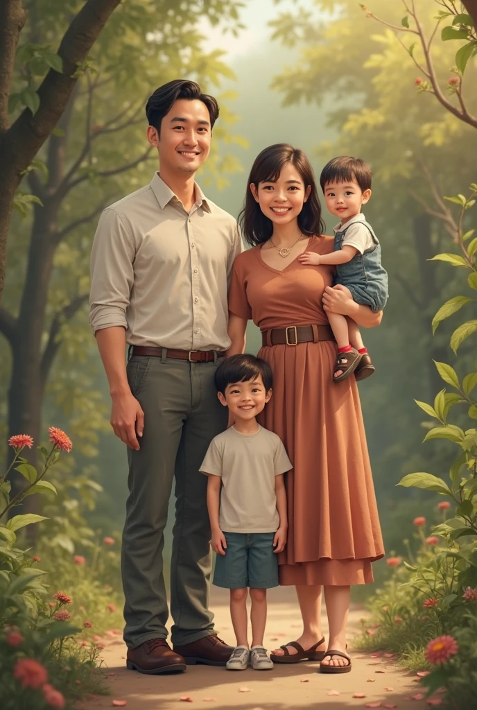 Realistic real Pinoy 6 family pictorial.woman beautiful with dress currying girl .and Man handsome with attire.and girl with dress .and boy with attire.and boy with attire . with flowers baloons butterflies