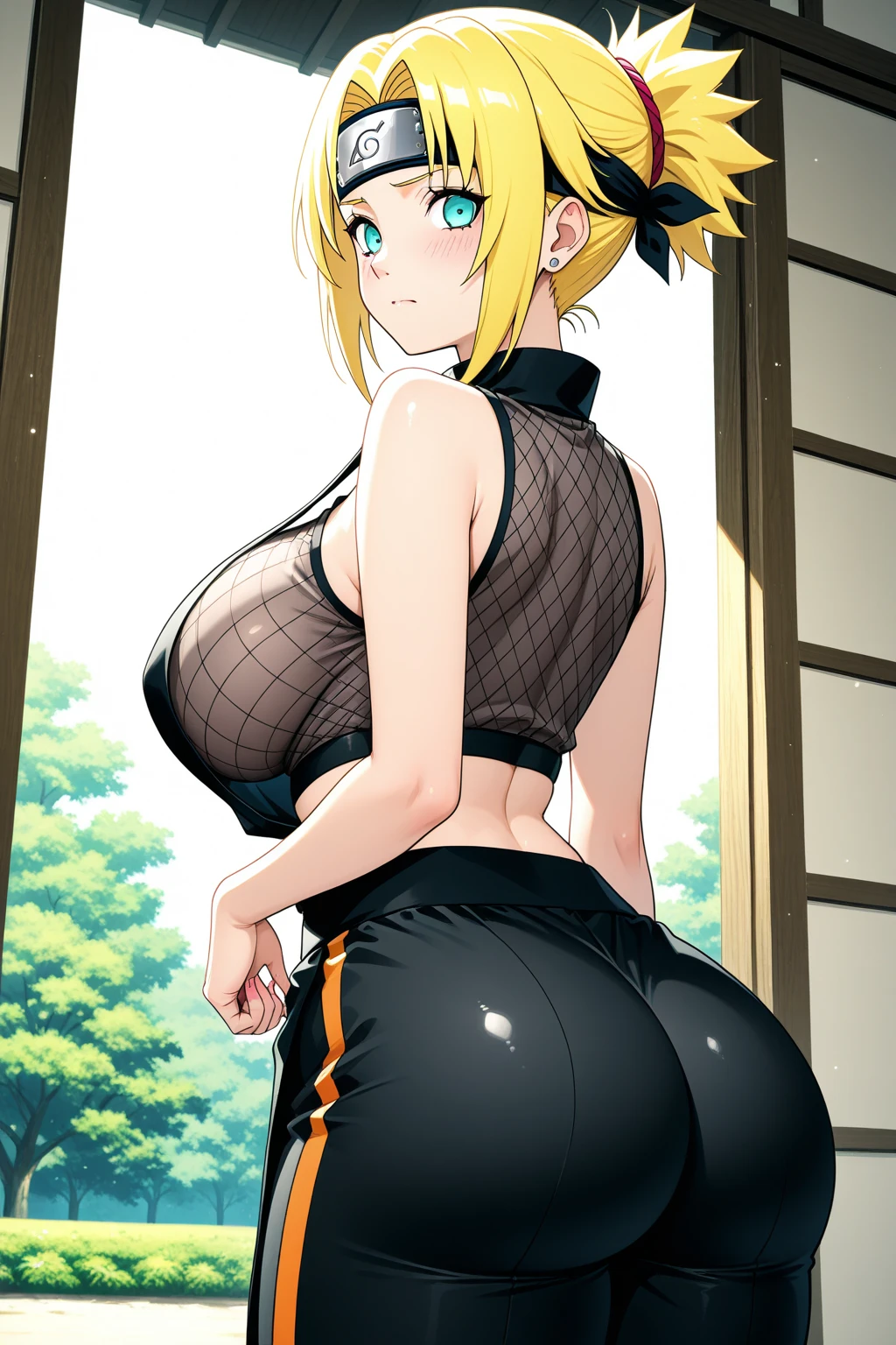 cute, blonde hair, hairbuns, ((yellow eyes)), big pretty realistic eyes, (Himiko Toga)), (perfect breasts), (cleavage), sexy, submissive, highly detailed, yellow lingerie, big juicy ass, from behind, looking at viewer, 
