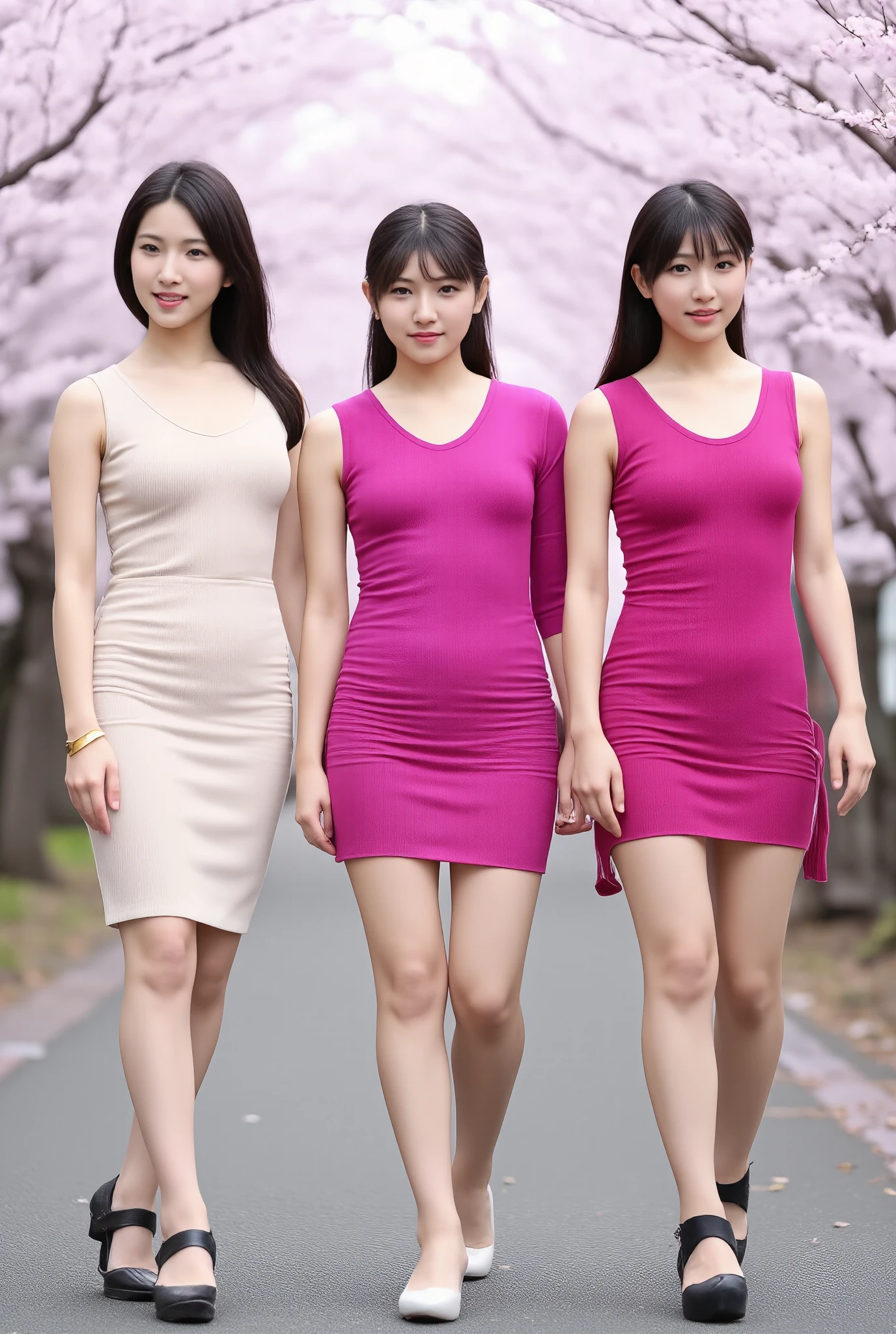 3 Japanese people in their 20s,3 Women with the prettiest faces,3 people walk side by side through cherry blossom trees,3 of the prettiest model women, bust 90 cm,F cup,Nipples are not visible,I won't show,hide,deep v-neck,beige pretty short pencil skirt with slits {x} sexy fuchsia sleeveless knit that fits the body line,Unflinching,3 stylish, extremely beautiful women with thin waists,Short miniskirt that fits the body,black high heels,overall look,Long Hair That Extends to the Chest,model hand ,Beautiful mature woman with red lipstick,Wear accessories on both ears,Gold bracelet on left wrist,gold necklace on the chest,Smile Yan,looking at the camera,stare,high res,top quality