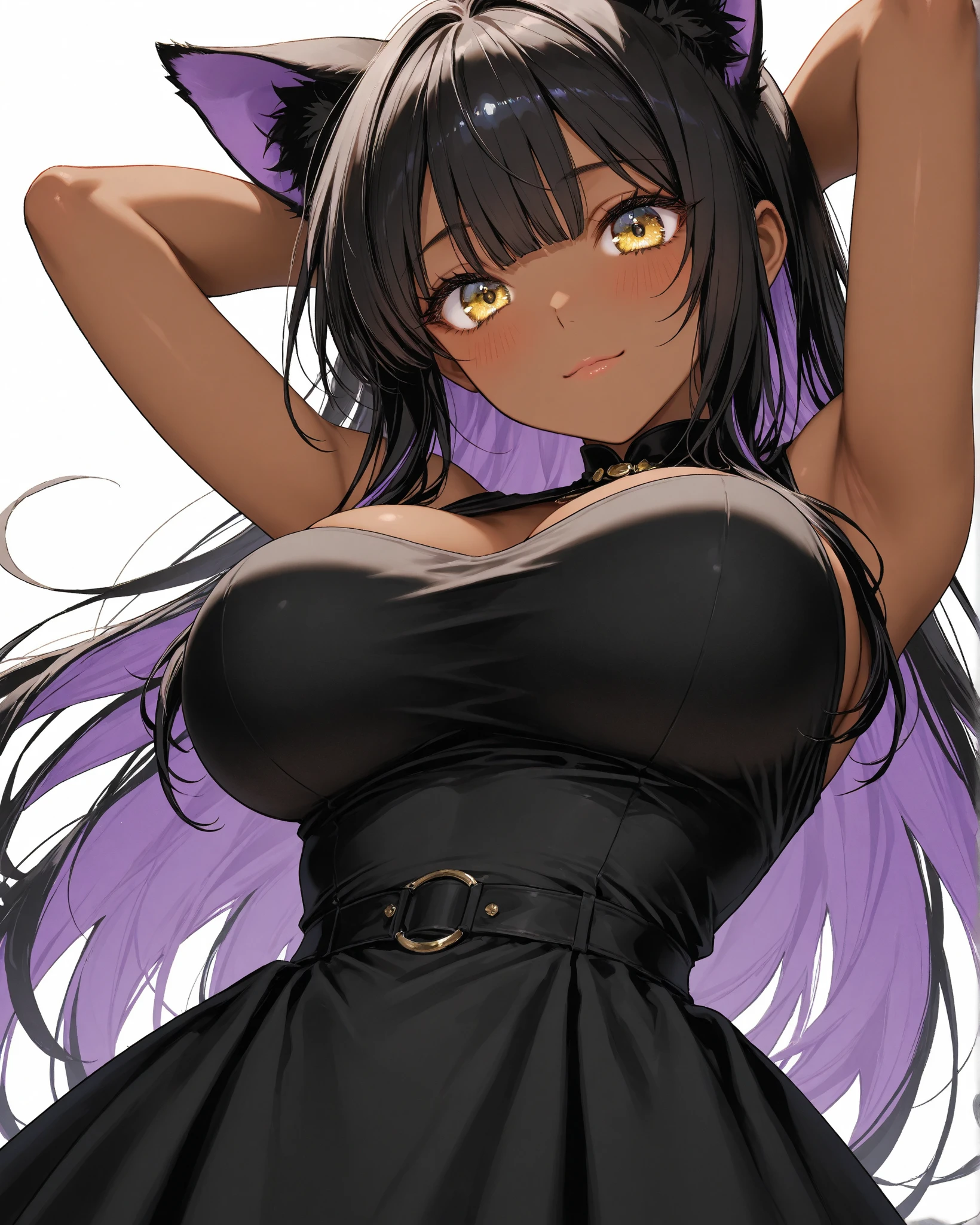 1girl, solo, hair ornament, (naked:1.3), (white apron), large breasts, cleavage, thighs, kitchen background, (blushing:1.3), naga, brown hair, ponytail, golden eyes, dark skin, gal, naga, lewd, sexy pose, attractive woman, ahegao, sexy, short hair, hair ornament, black skin