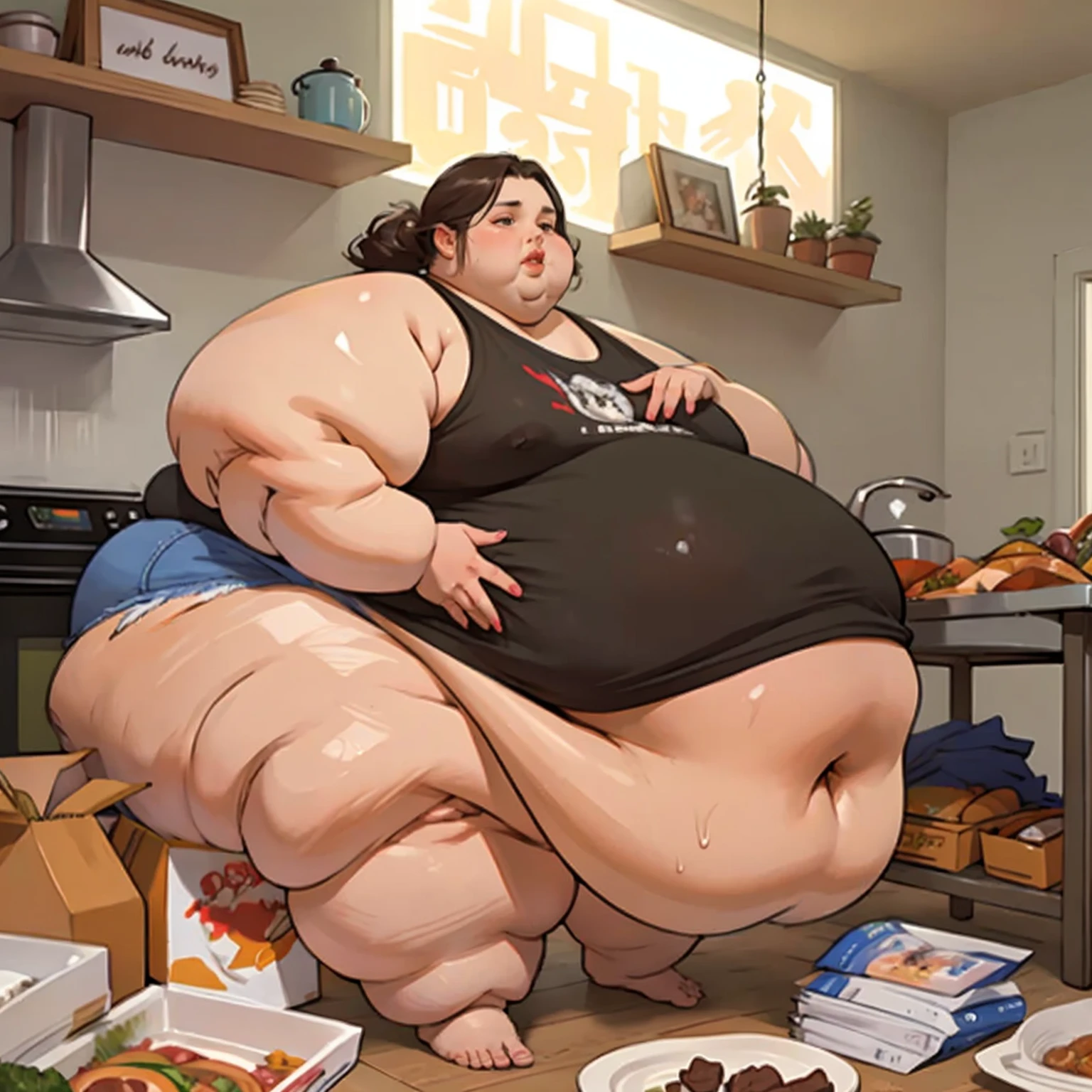 (masterpiece, best quality, highres, detailed, realistic), young asian woman, USSBBW, (morbidly obese:1.7), (detailed face, beautiful face:1.2), high aesthetic, basement interior, surrounded by food, (worried expression), nude, sitting on the floor, being force fed
