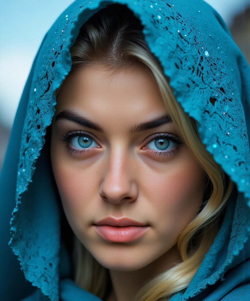 photorealistic photo of a blonde woman, nice face, blue eyes, head covered in black, a cross in the background,  no makeup, detailed face, intricate details, cinematic lighting, dramatic shadows, moody atmosphere, dark colors, baroque, photorealistic, 8k, extremely detailed, masterpiece
