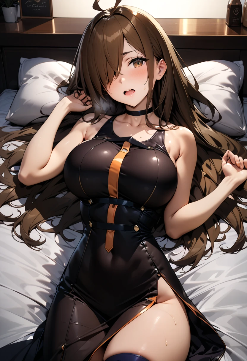 (masterpiece)), ((best quality)), (ultra-detailed), ((kawaii)), cute, (lovely), ((extremely detailed)), 4K, (8K), best quality, (beautiful), full body, teenage, solo, ((gigantic breasts)), (((sagging breasts))), armpits, ((curvy)), mikuru1, 1girl, asahina mikuru, long hair, solo, playboy bunny, animal ears, solo, rabbit ears, pantyhose, wrist cuffs, bowtie, detached collar, cleavage, red leotard, from side, on the bed