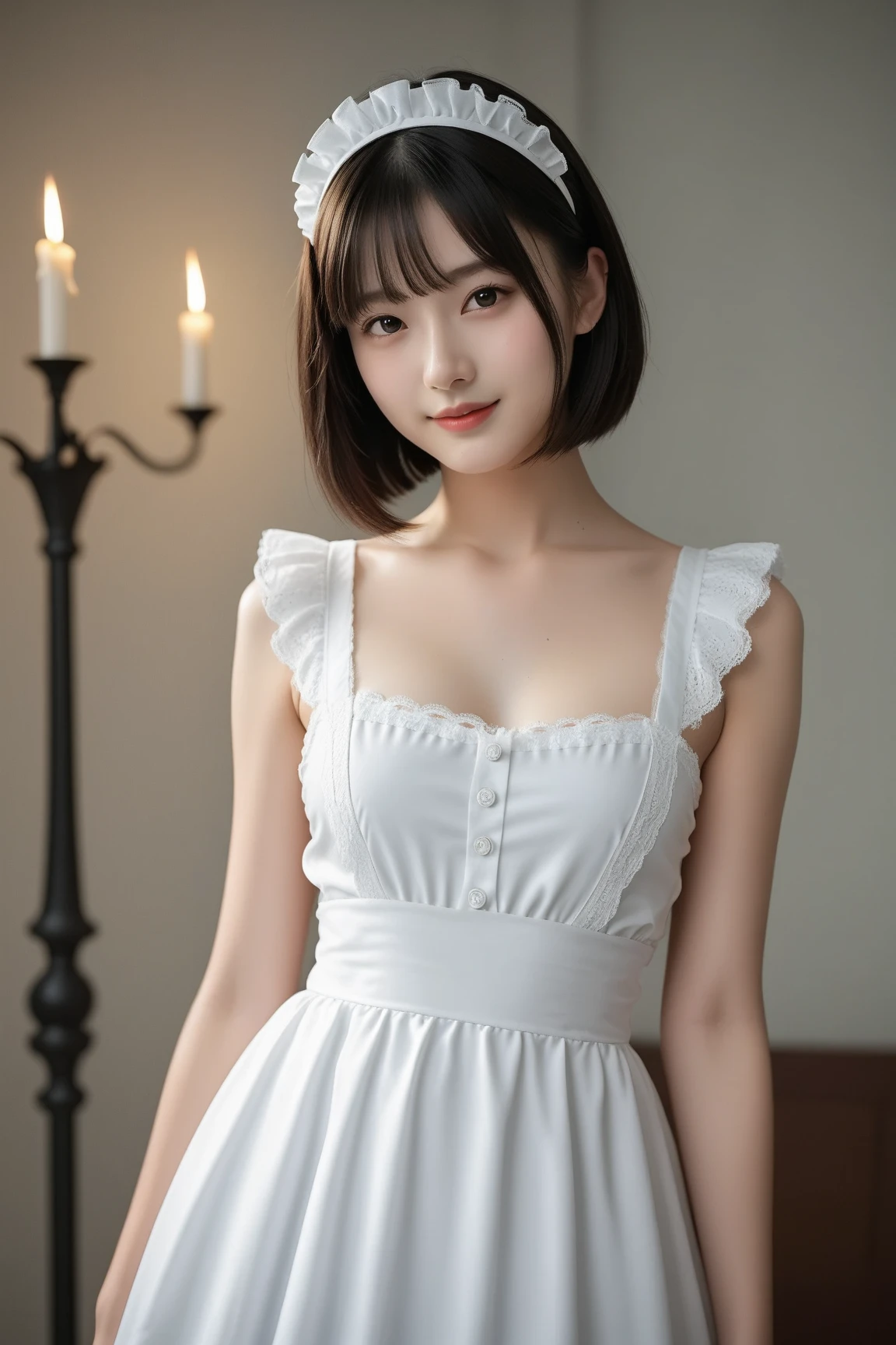 8K, Ultra-high resolution, best quality, masterpiece, 三分割法によるphoto,Surreal, photo, 1 girl, (16 years old:1.3), pretty girl, Cute face, Beautiful eyes in every detail, 細かくdetailedに,masterpiece,A girl:1.2, Japanese female announcer, whole body,Dazzling,Black Hair,Bob with Bangs,The city of the near future,Cyberpunk,(best quality, 8K, masterpiece, Best image quality, Ultra HD, Skin is delicate and smooth, Realistic skin, 完美beauty的脸庞 ,完璧でCute face, Attention to skin details, Perfect limbs、Willow Waist、Thin legs)、Browse、Sullen face、(The fusion of lolita fashion and maid outfit),Beautiful leg line beauty,Looking at the audience、beauty,Long Neck、(((Ideal body shape))),A cup small breasts :2,、image:2、Perfect anatomical structure、鮮明なdetailed、detailed、Surreal、Light and Shadow,glare