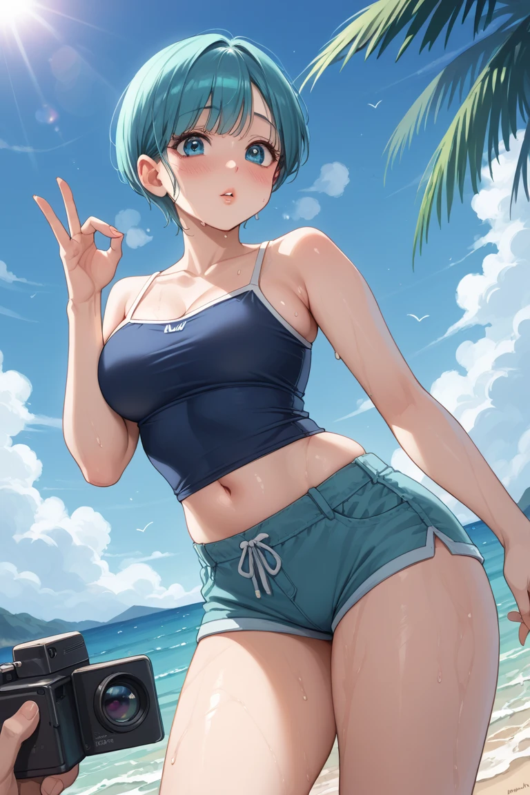 beautiful girl, 18 years old, Short hair, shoulder length , silver hair, blue eyes, big breasts, exercise clothes, white bra, Tight white shorts,Wet with sweat, Sitting with legs spread , wear glasses, wearing star earrings, beach, Smile, close your mouth, camel toe,