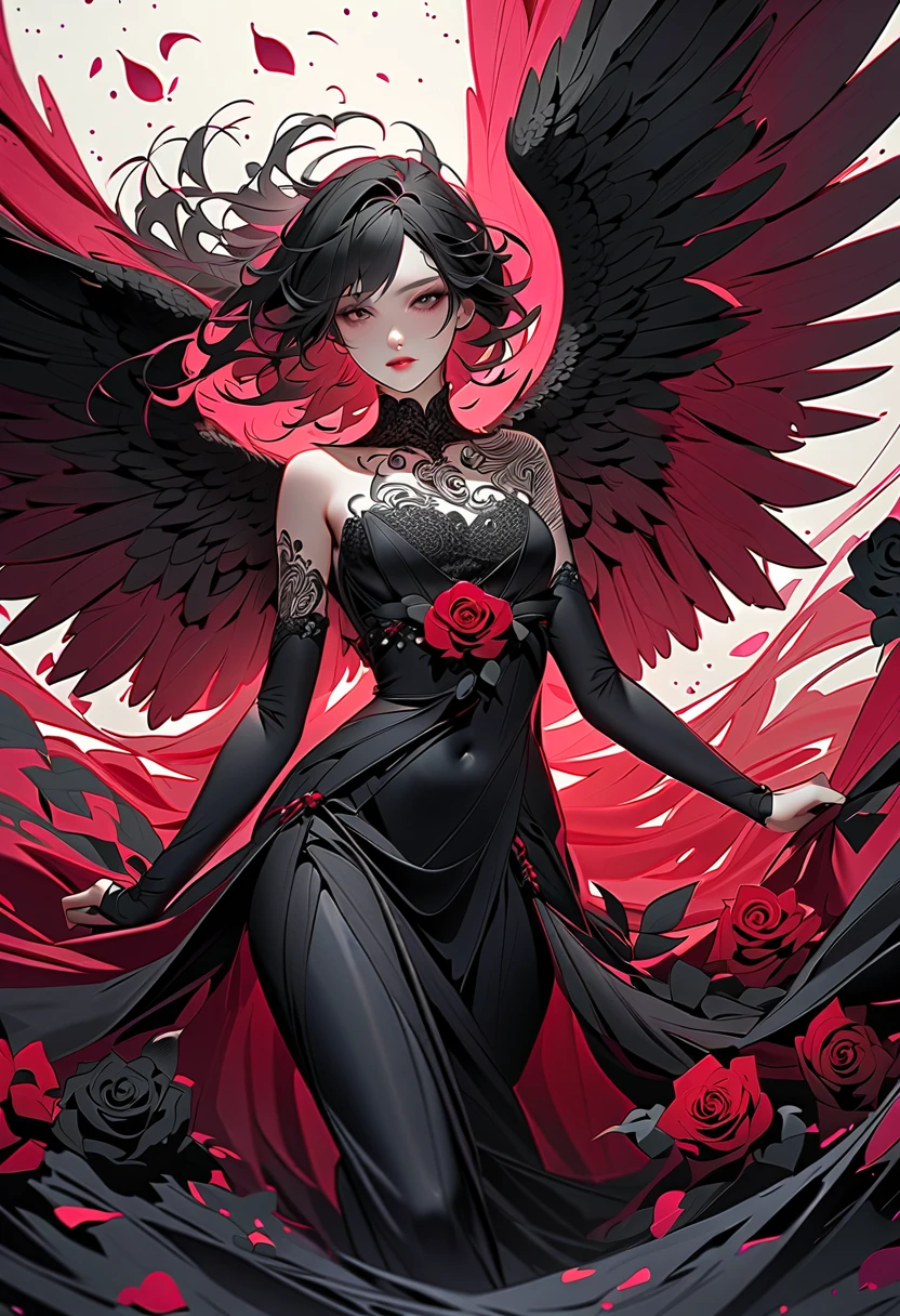 Magic, Angel, Fallen Angel, Black Angel, Big Wings, Black Feather, Darkness, Evil Creature, Skull, Black Thorn Hair Ornament, Blood Red Roses, Dark Red Clothes, Black Crown