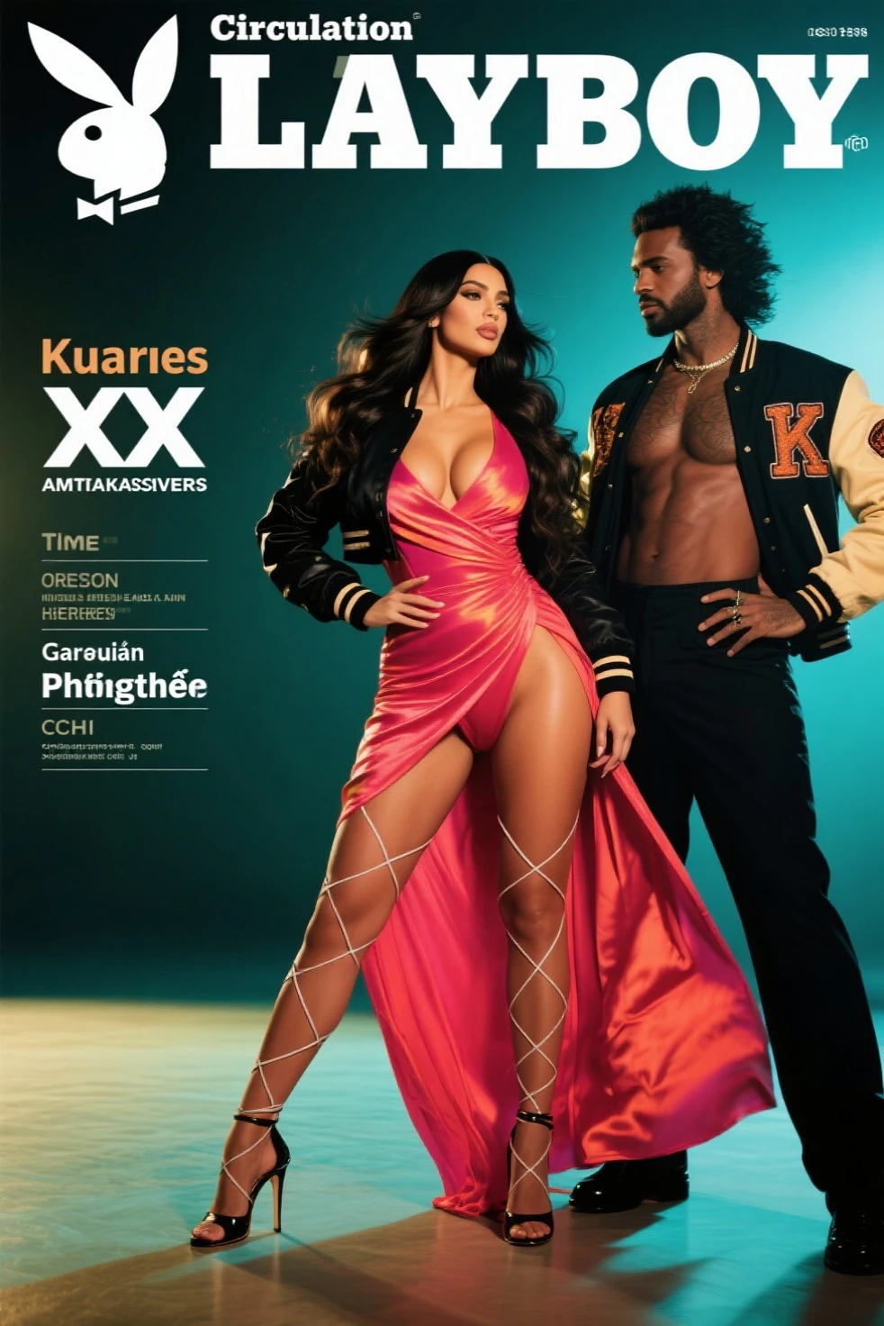 Magazine cover,Double tail,Beautiful sexy black woman(Wear sexy sportswear),,(dark skin),E7E48U，excited，Perfect breasts，pubic hair